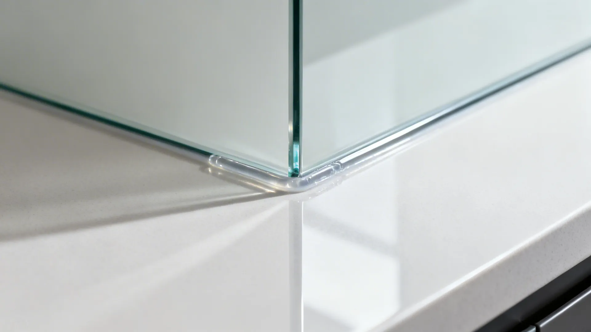 Polished edge of tempered glass backsplash with a small sealant gap above the counter.