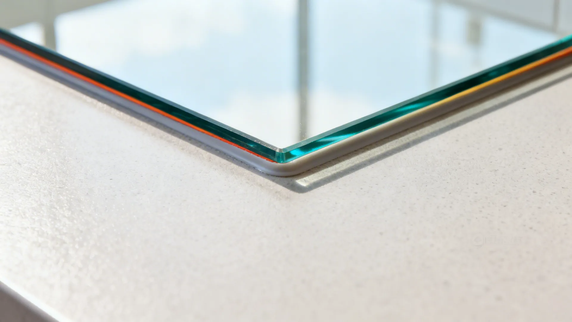 Close-up of tempered glass backsplash with clean silicone seam against a matte countertop.