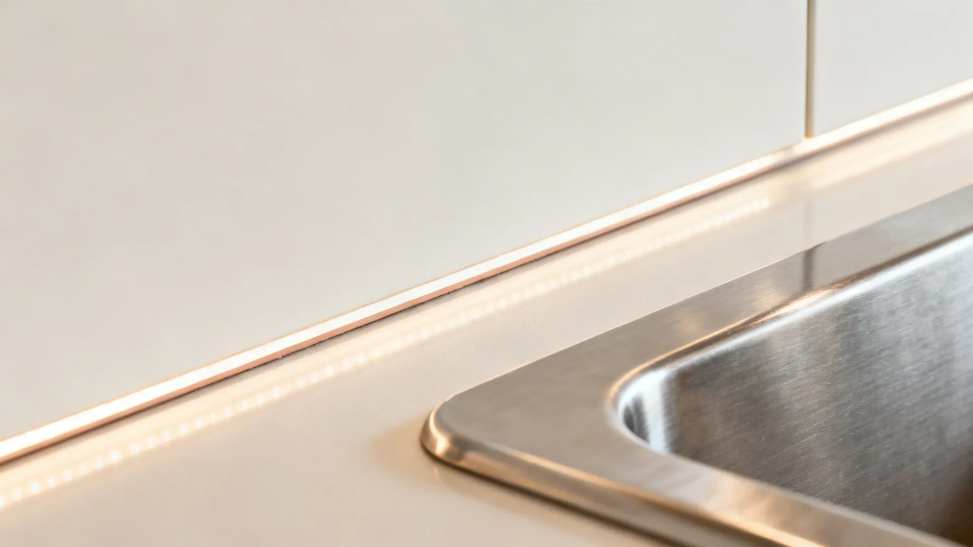 Close-up of low-iron glass backsplash edge with warm white back paint and polished finish.