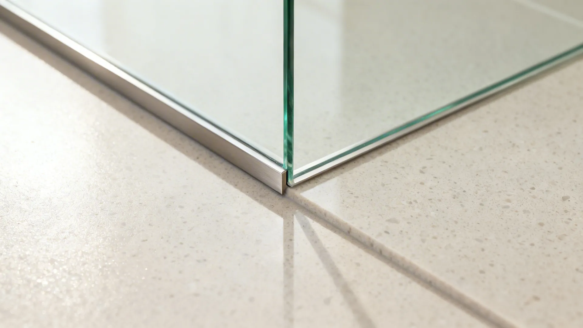 Macro of low-iron glass backsplash meeting a pale quartz countertop with soft reflections.