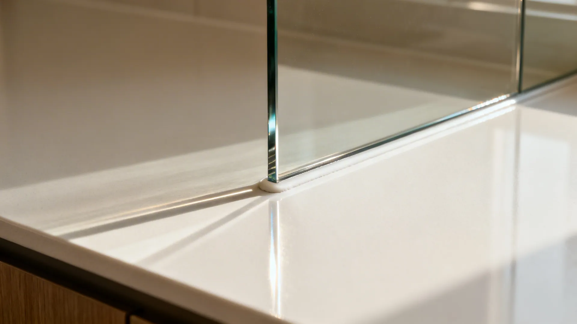 Close-up of low-iron glass backsplash edge with clean joint and soft reflections.