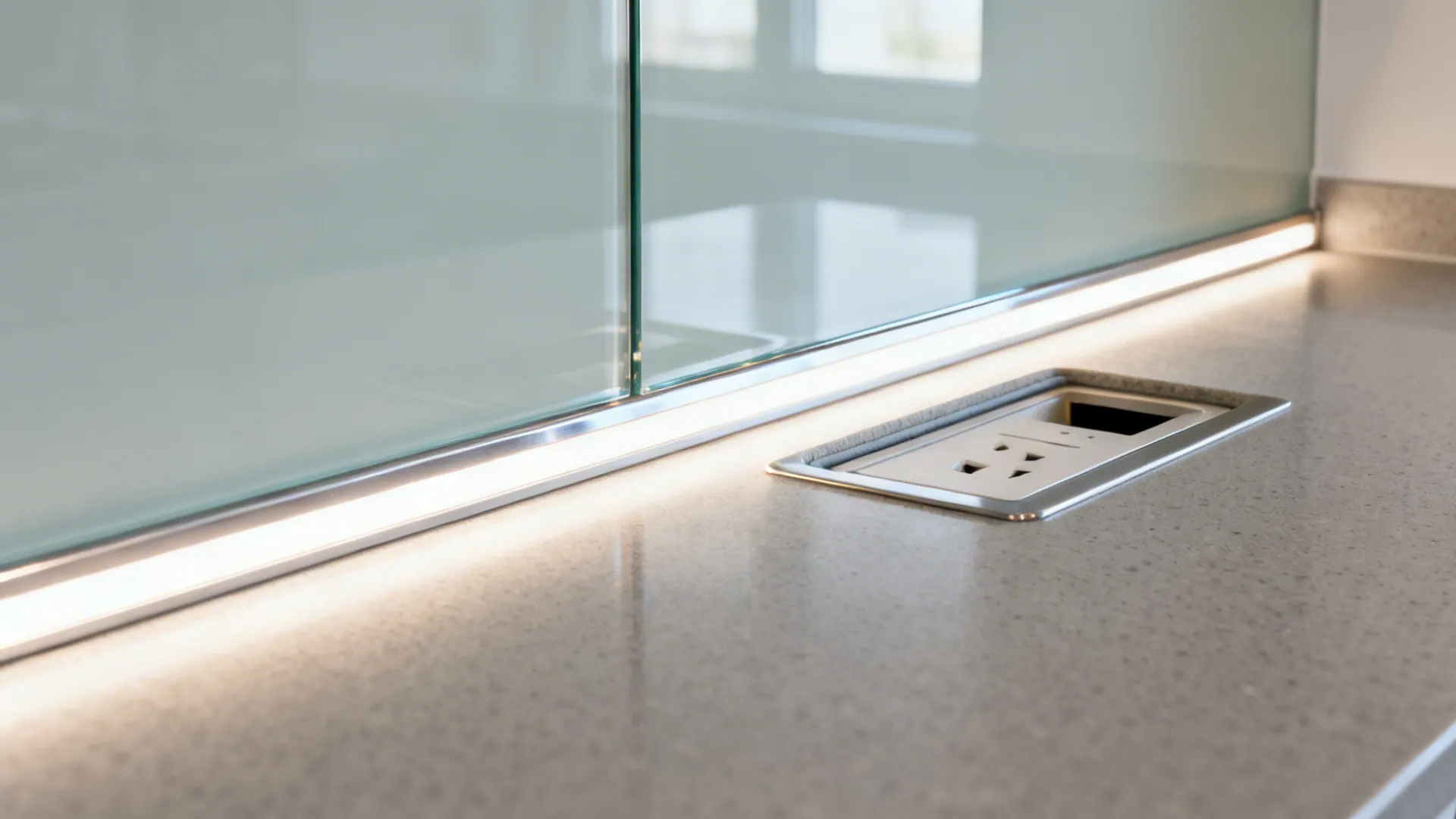 Macro of a tempered glass backsplash edge and precise outlet cutout under LED light.
