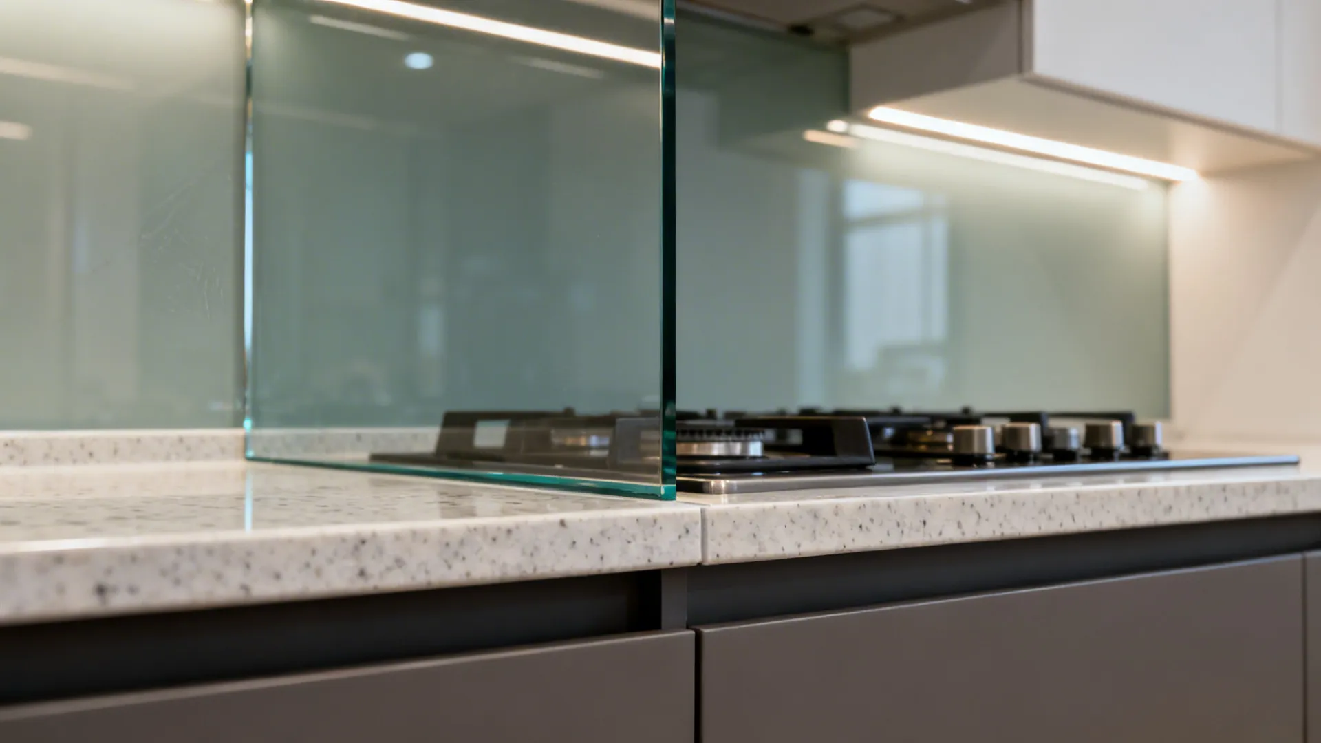 Macro of seamless glass backsplash edge meeting quartz counter under soft LED light.