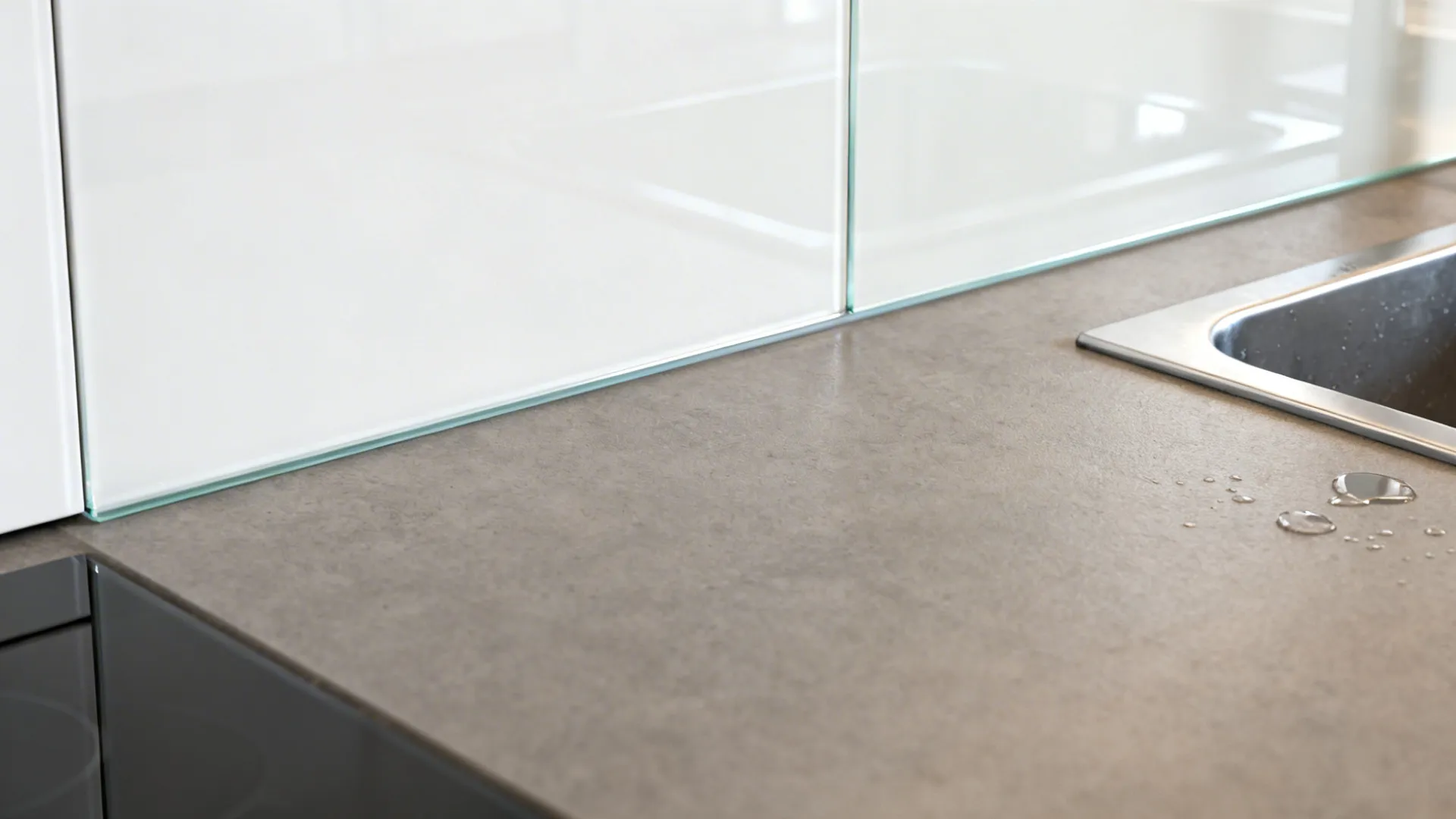 Idea 3: Grey Base + White Wall Cabinets with Glass Backsplash