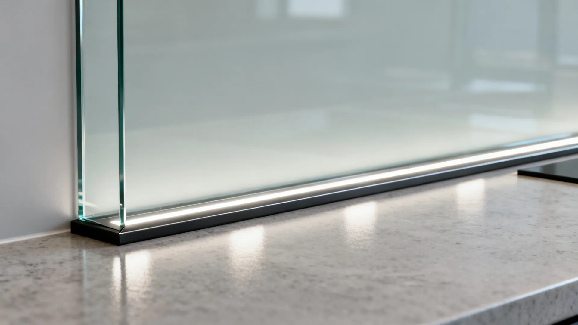 Macro of polished low-iron glass backsplash edge with soft LED reflection.