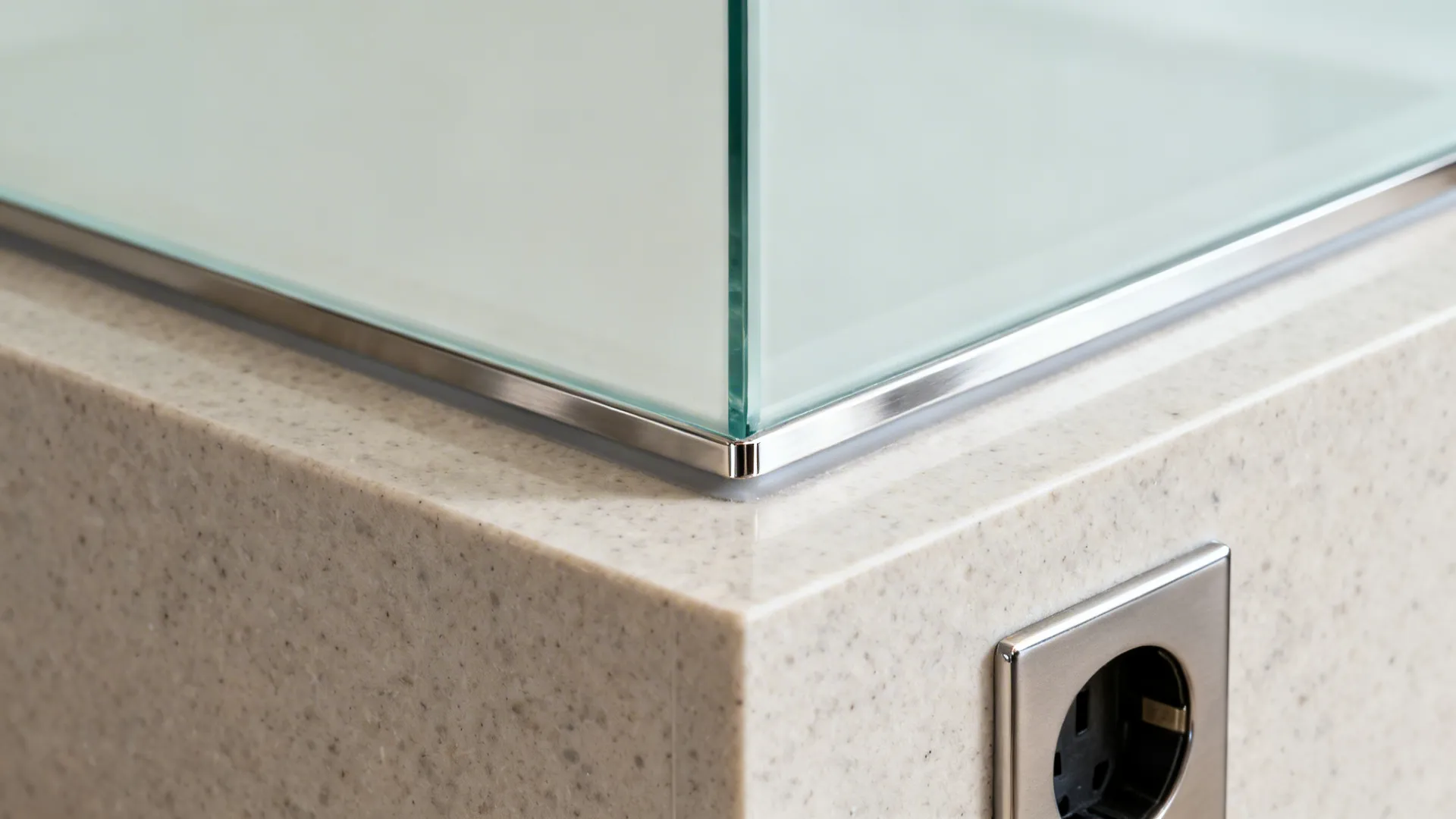 Macro of low-iron glass backsplash with polished edge and clean silicone joint.