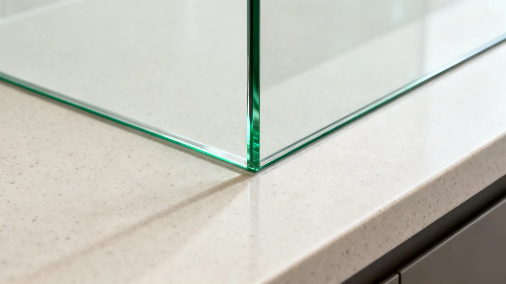 Close-up of low-iron glass splashback edge meeting a pale quartz benchtop.