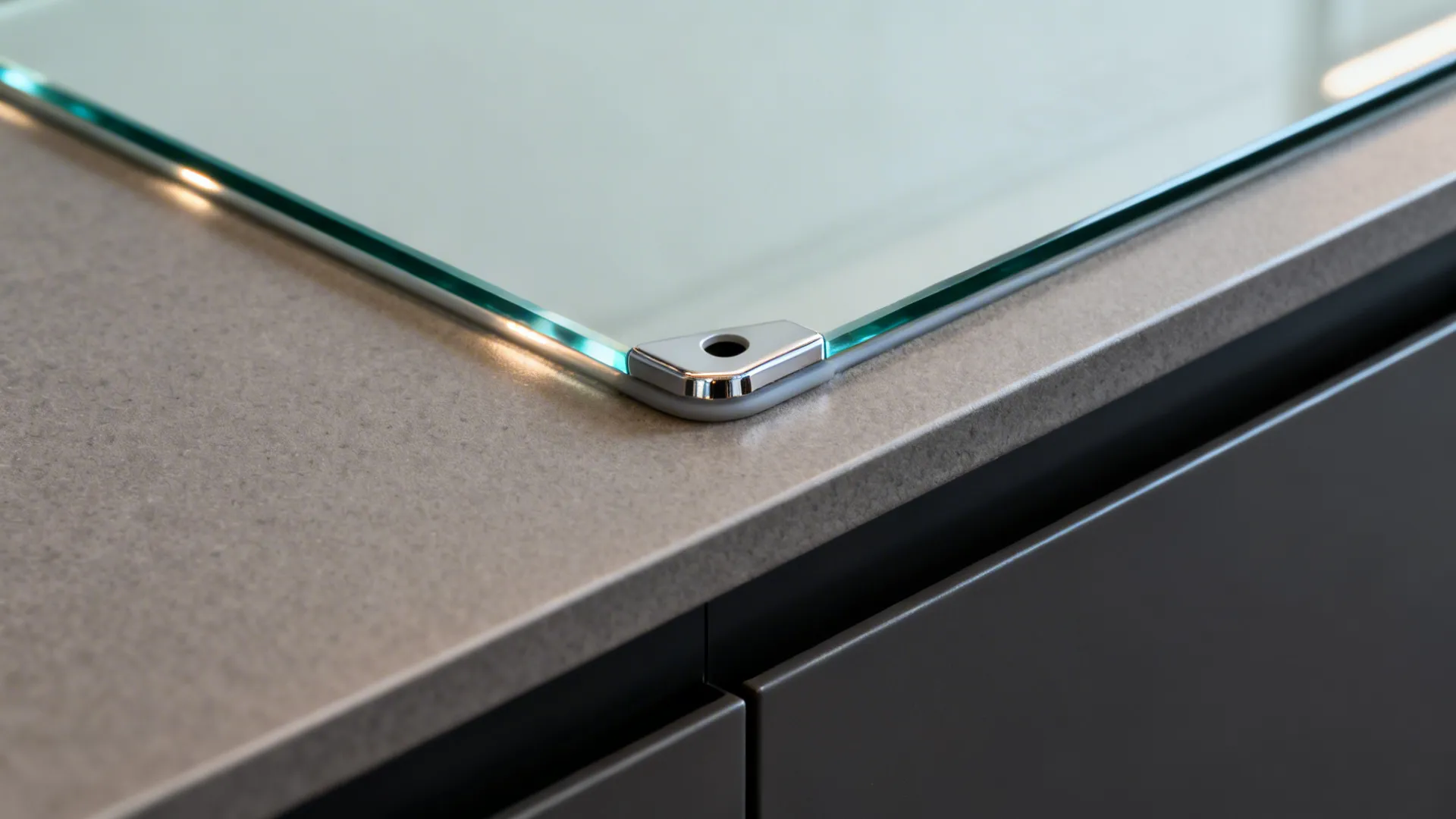 Clear glass panel with silver metal corner protector sitting on a textured grey kitchen countertop