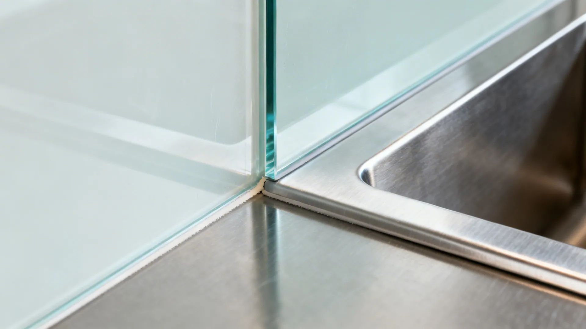 Macro of polished tempered glass backsplash edge with silicone joint and light tint.