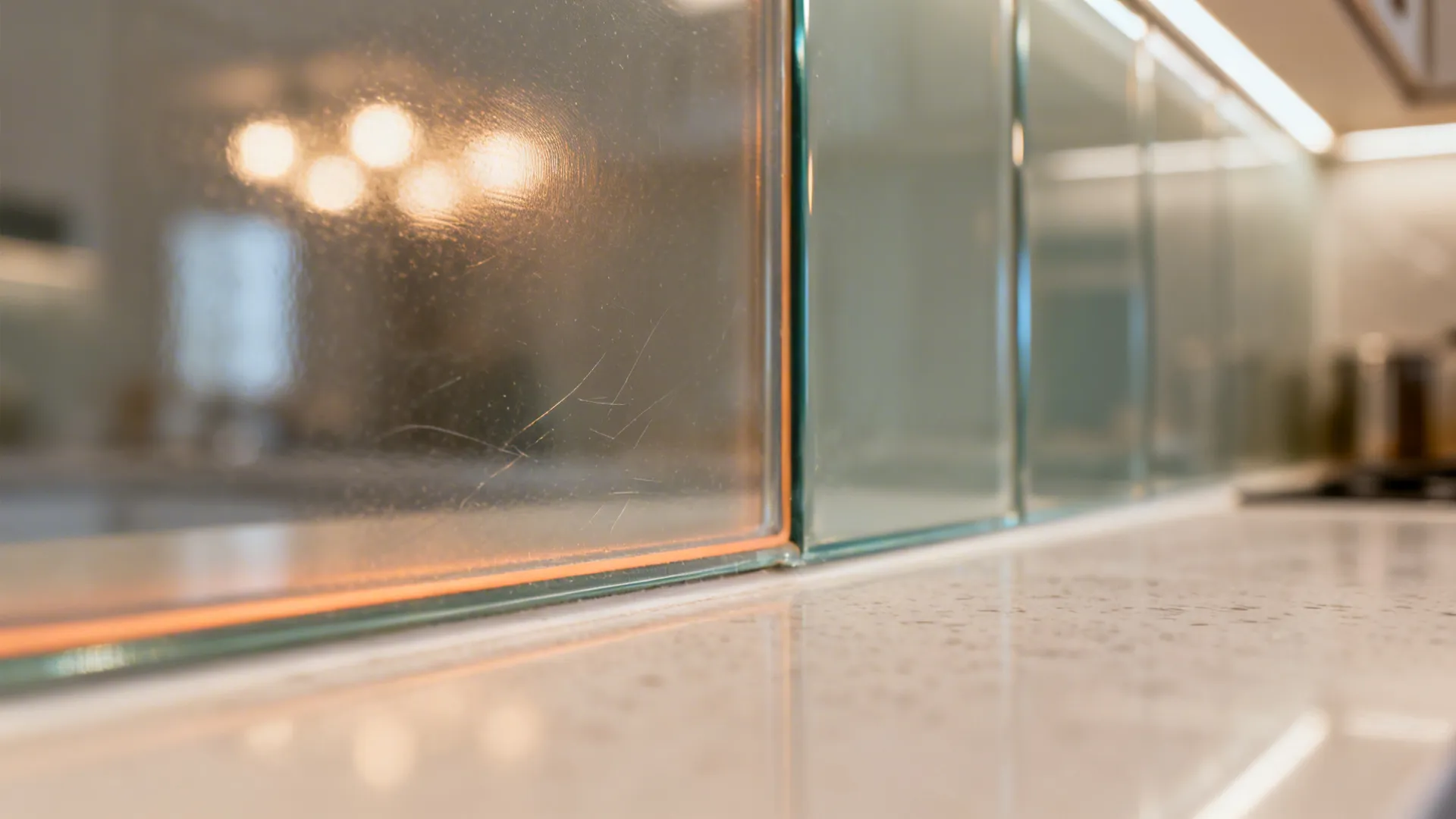 Glass backsplash for depth and light play