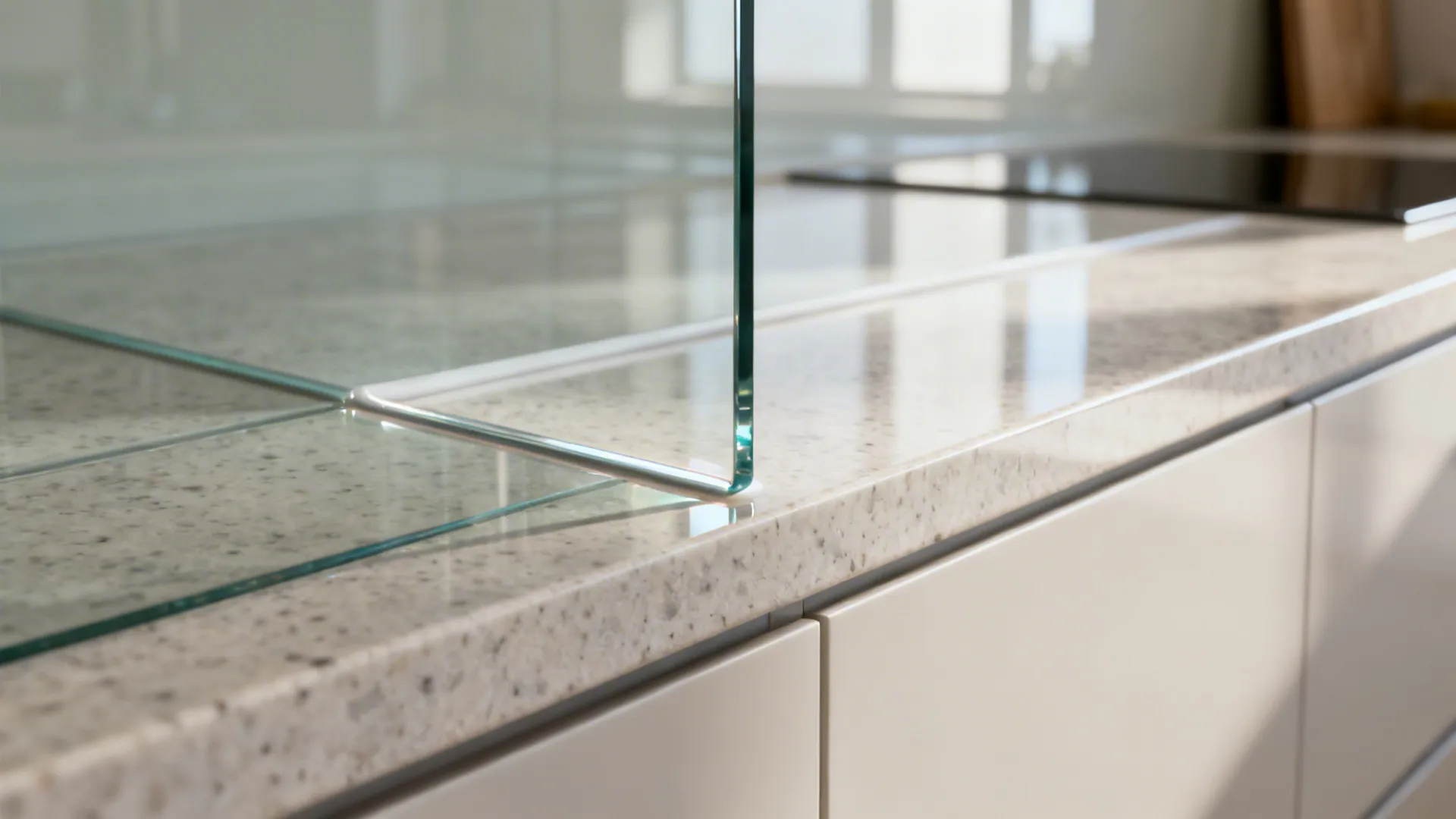 Close-up of low-iron tempered glass backsplash meeting a quartz countertop with clean detailing.
