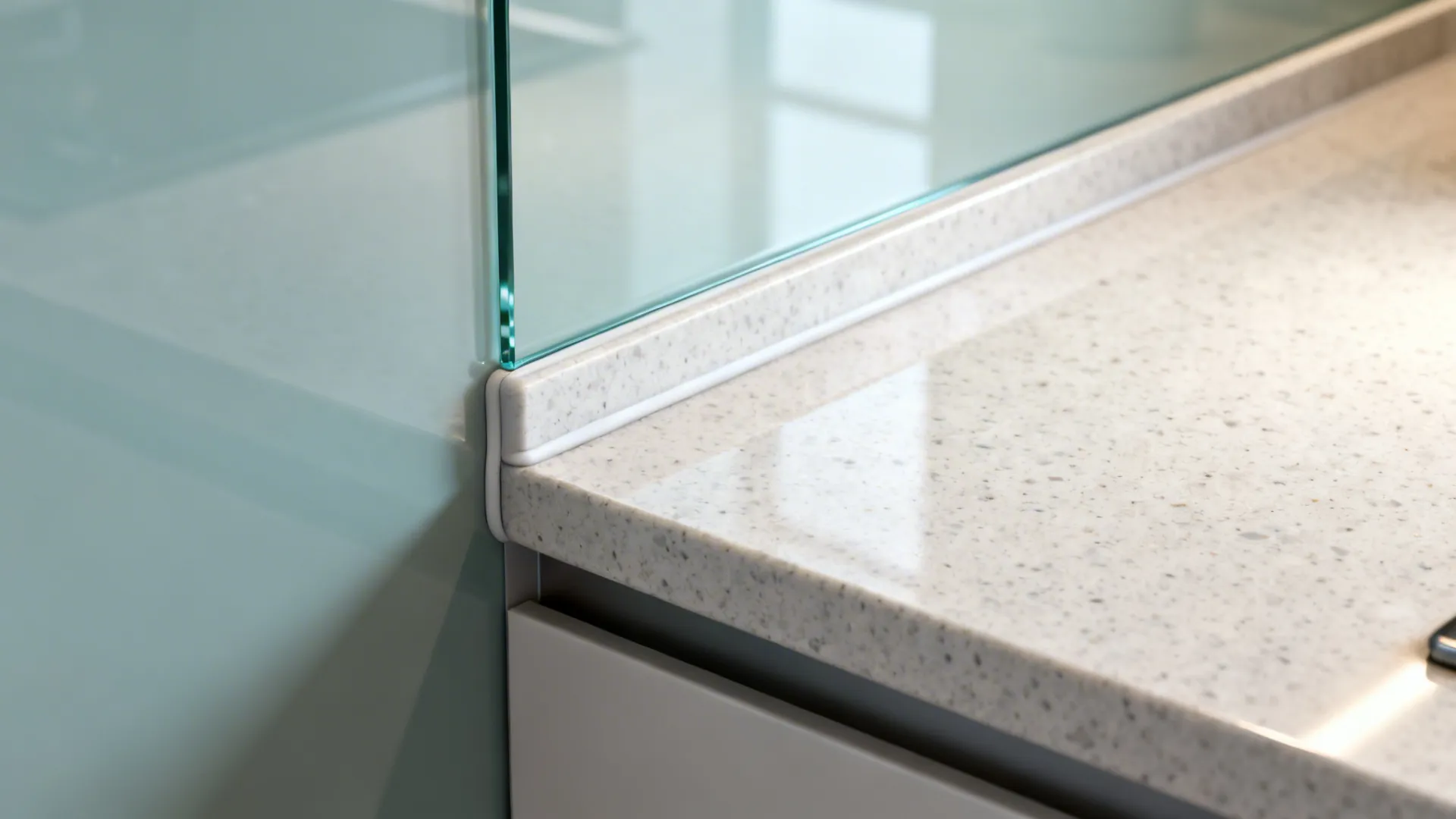 Macro of tempered glass backsplash meeting quartz with a clean silicone joint.