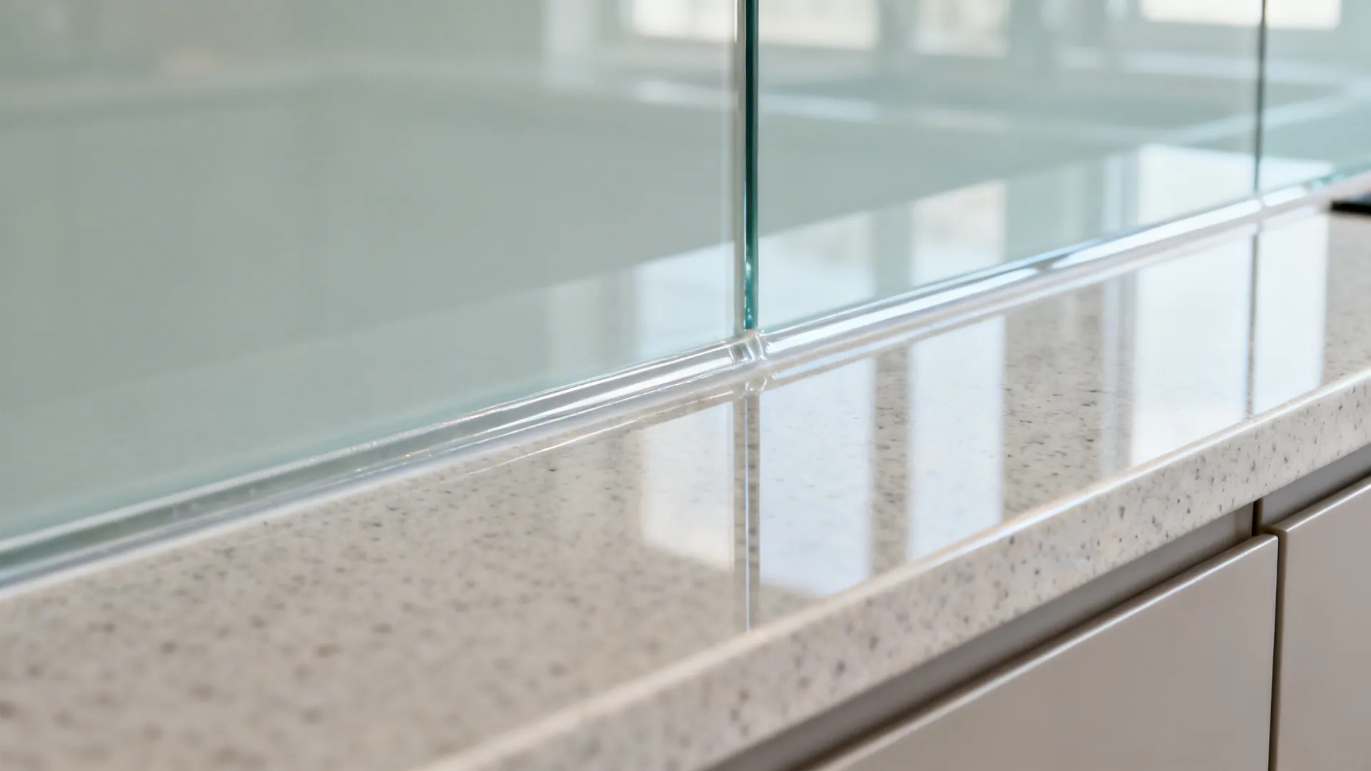 Close up view of glass panel edge on polished white stone countertop with soft reflections