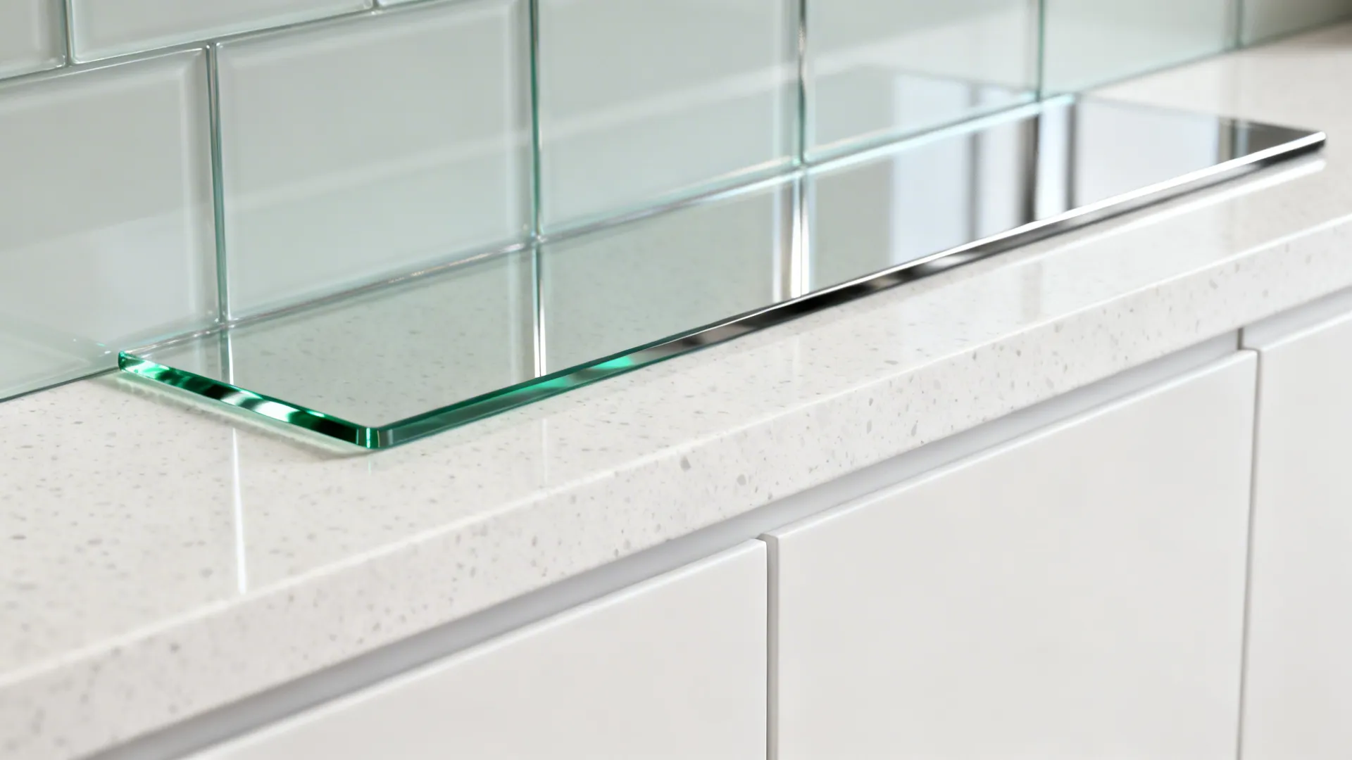 4) White + Glossy Glass Backsplash + Steel (Bright & Easy-Clean)