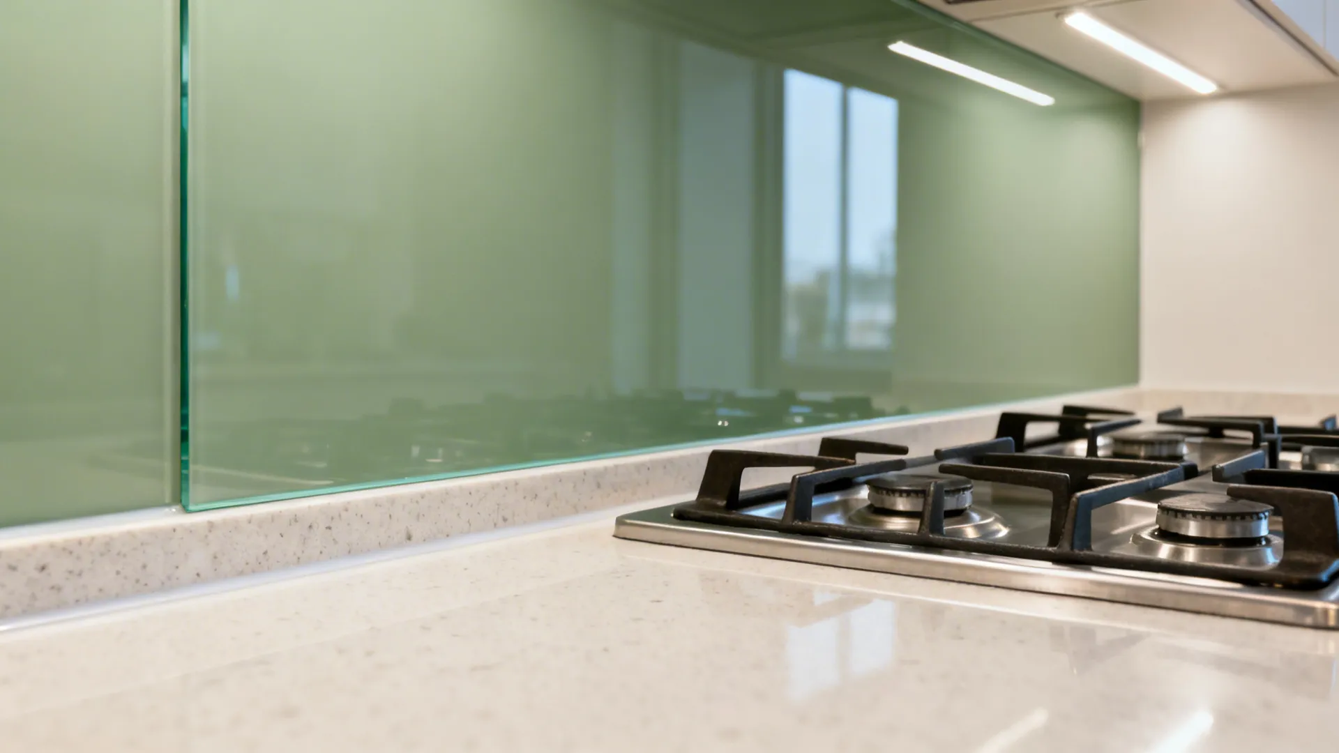 Glass backsplash to bounce light and control stain