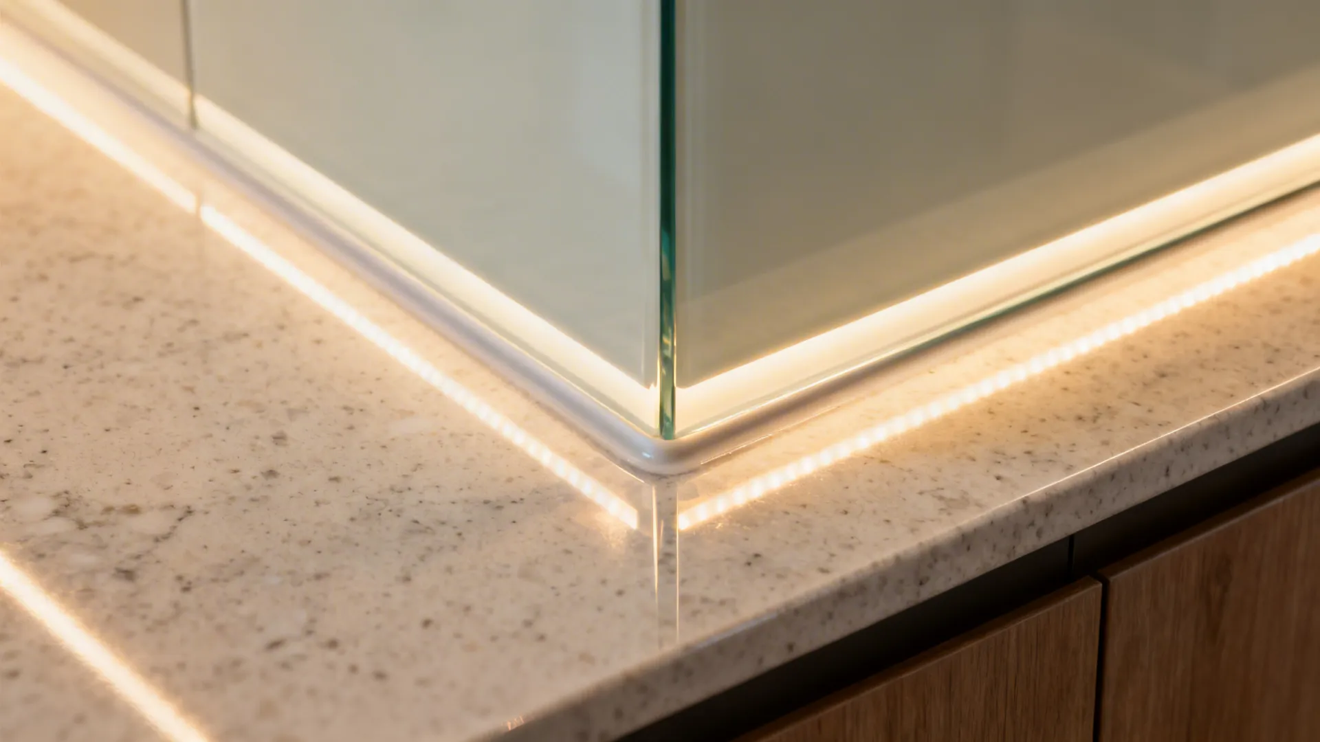 Macro of tempered glass backsplash edge and quartz counter with clean silicone joint and LED reflection.