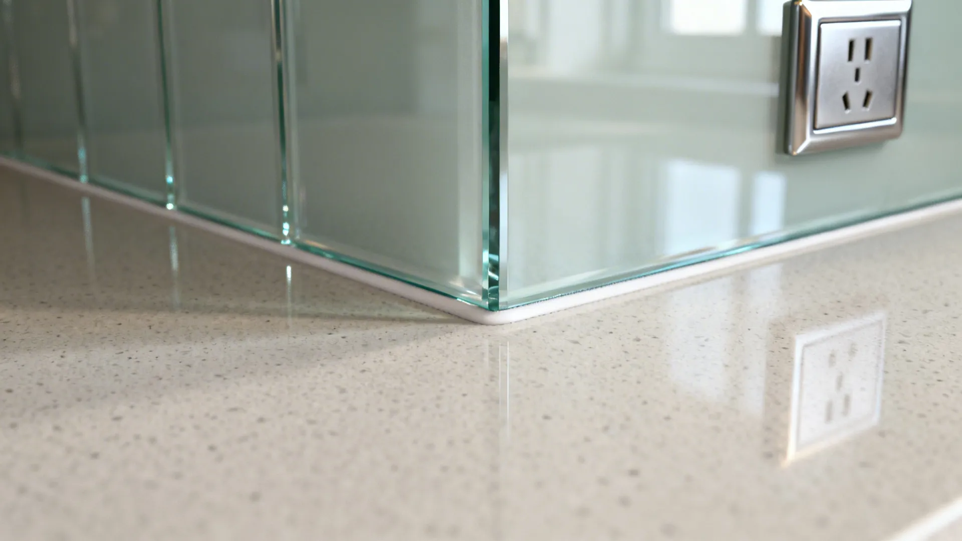 Macro of low-iron glass edge, neat silicone joint, and flush outlet over matte counter.