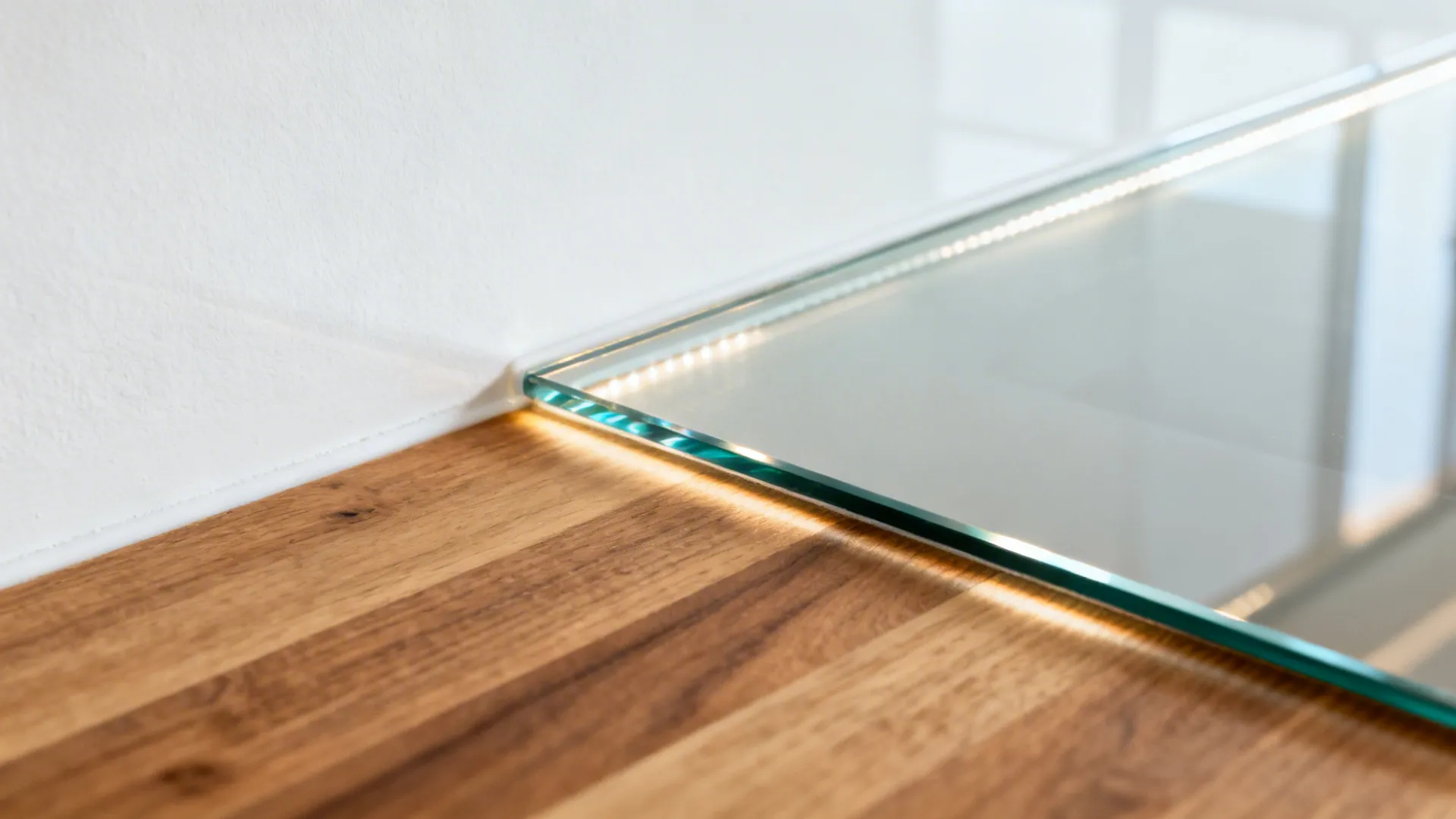 Macro of a low-iron tempered glass backsplash with clean silicone joint over oak countertop.