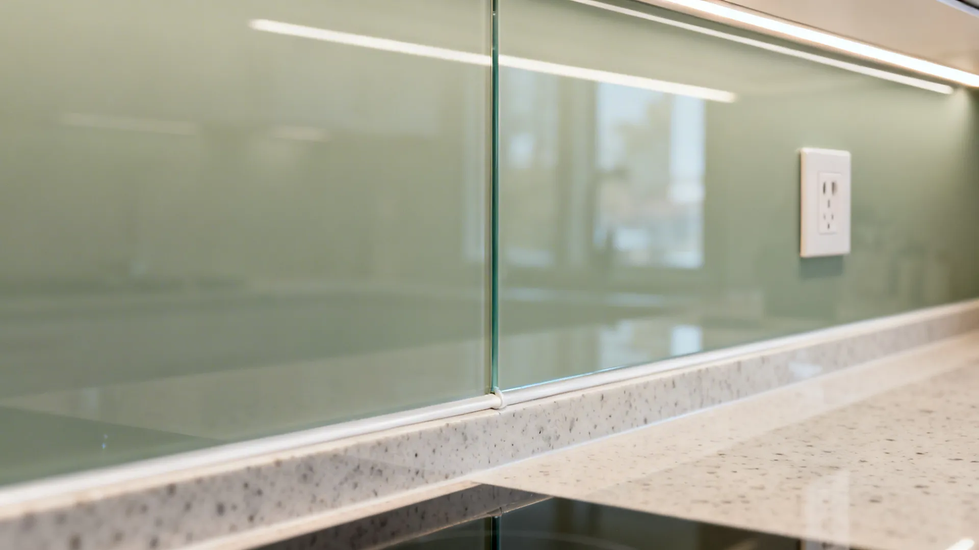 Close up view of light green glass wall panels on a white speckled kitchen stone countertop