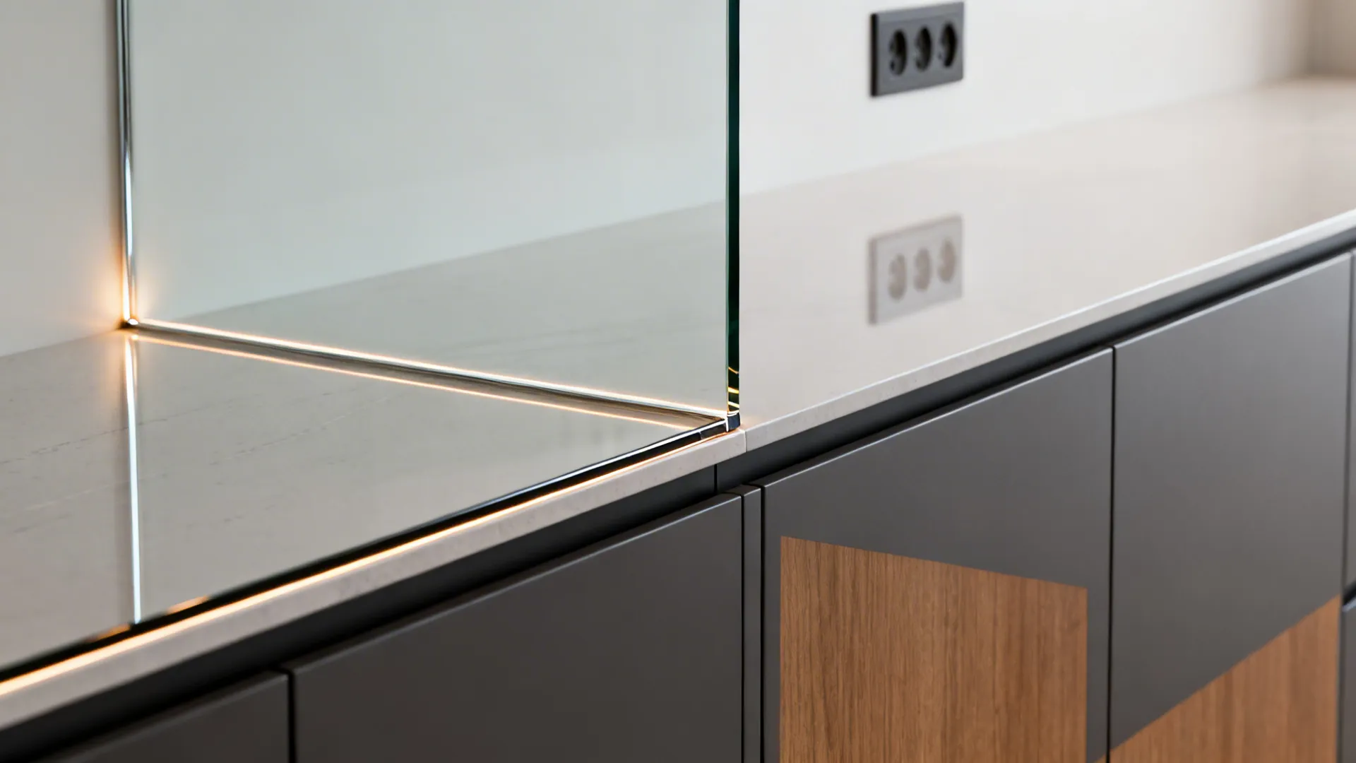 Close-up of a polished low-iron glass backsplash edge with precise outlet cutout.