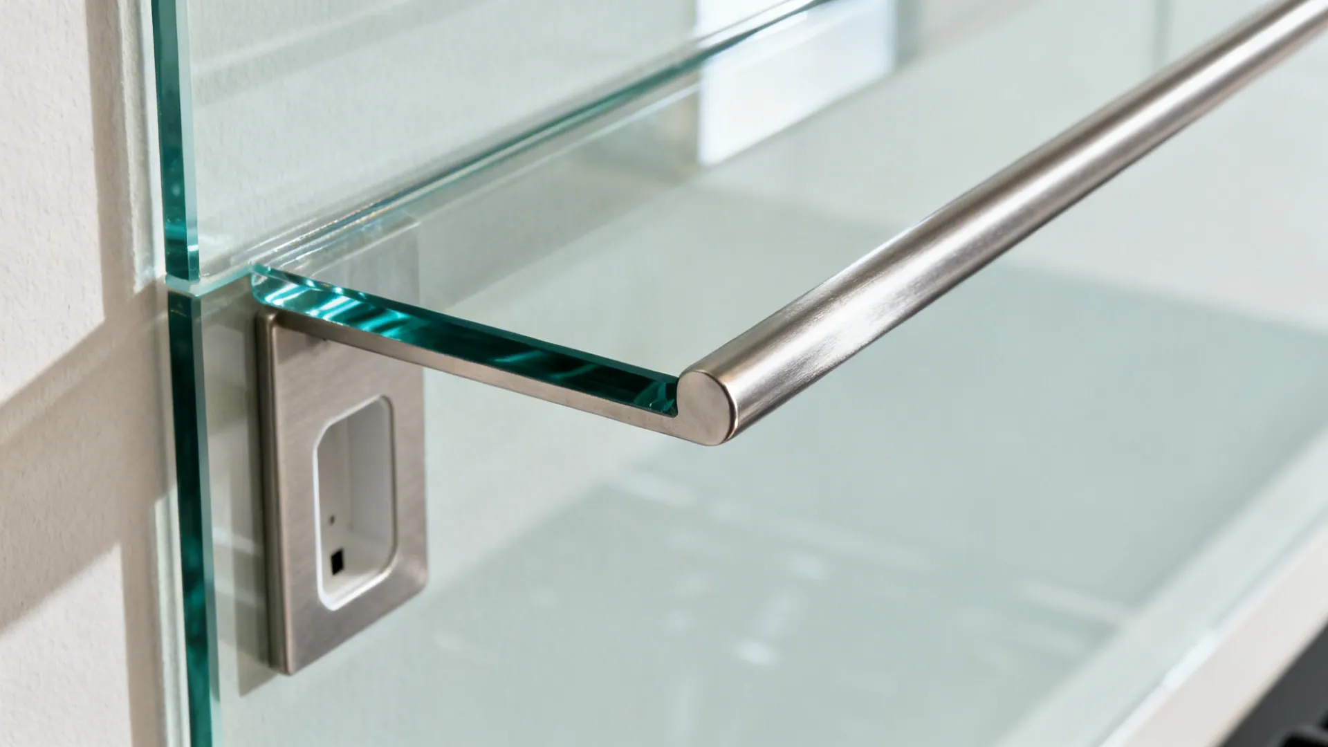 Close-up of a tempered glass backsplash edge with precise outlet cutout and rail standoff.
