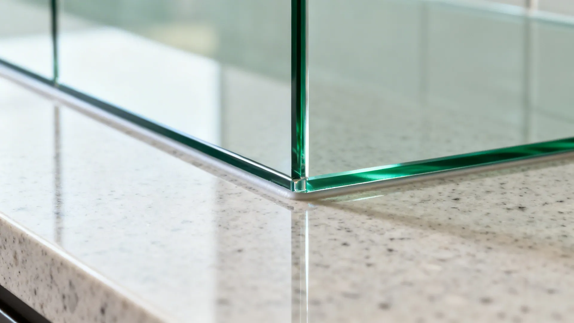 Macro of low-iron back-painted glass backsplash edge over quartz countertop.