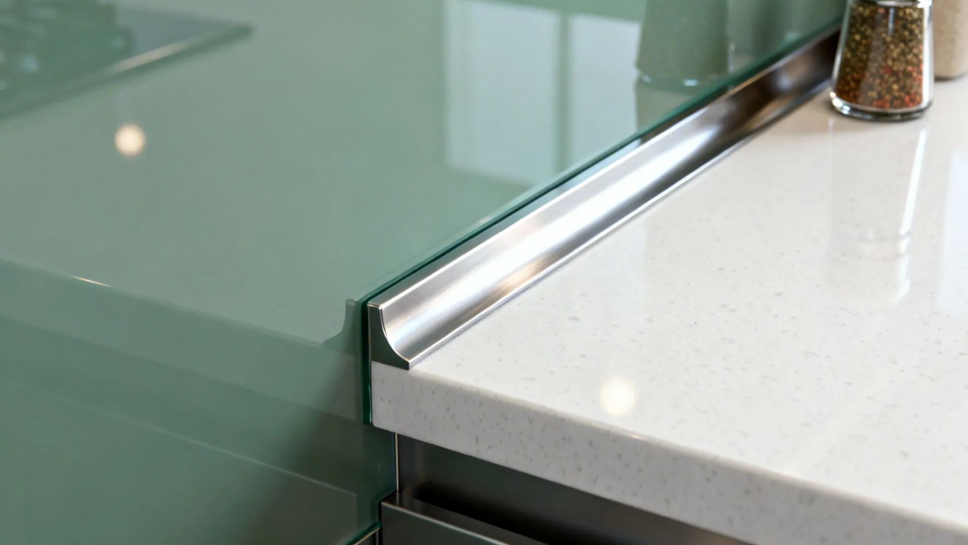 Macro of low-iron tempered glass backsplash with polished edge above a quartz counter.