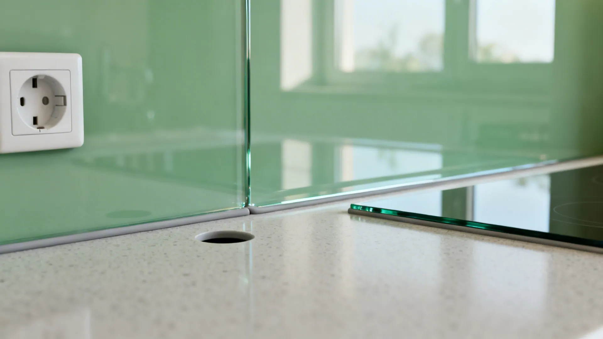 Macro of low-iron glass splashback edge with precise cutout and clean silicone joint.
