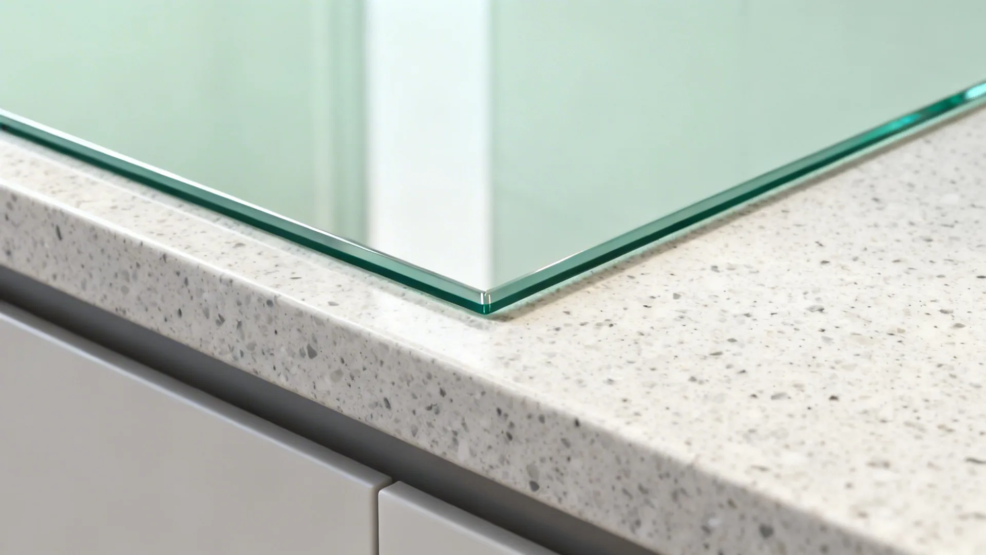 Macro of low-iron glass backsplash edge aligned with quartz countertop in soft daylight.