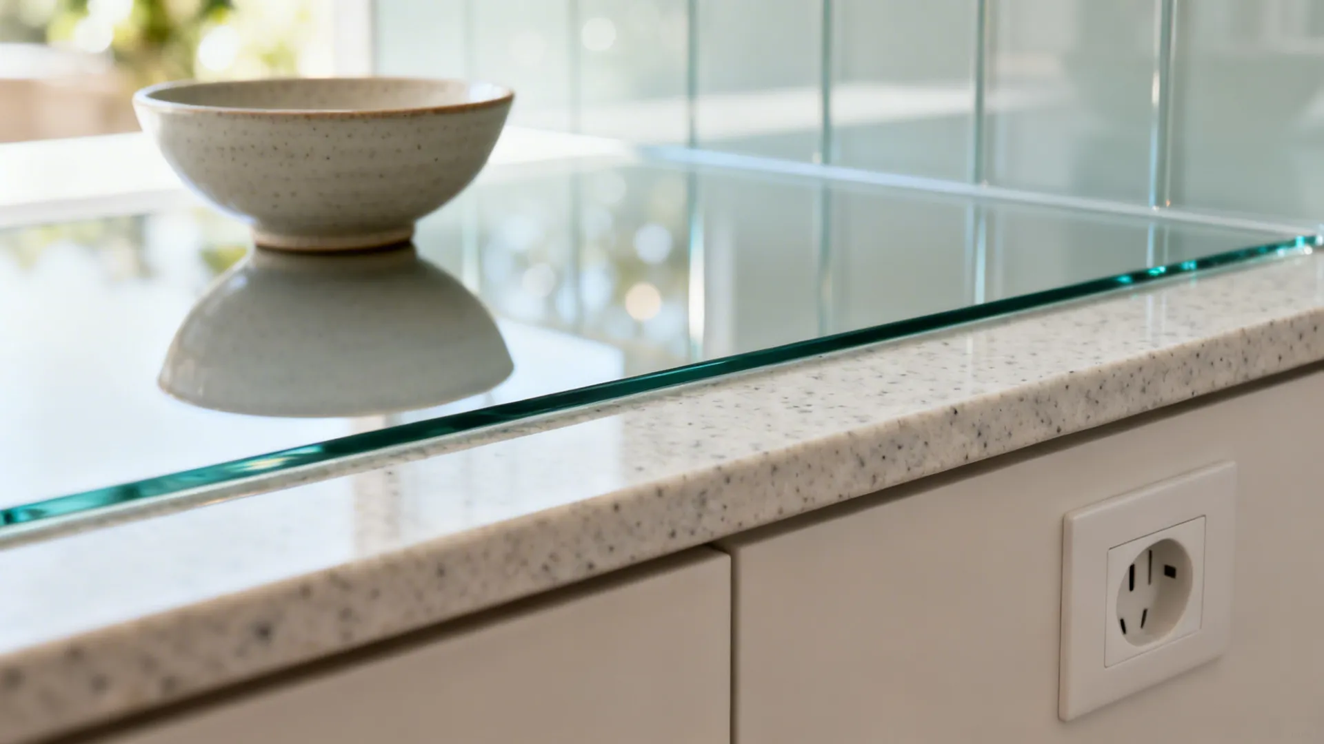 Macro of a low-iron glass backsplash edge above a light quartz countertop.