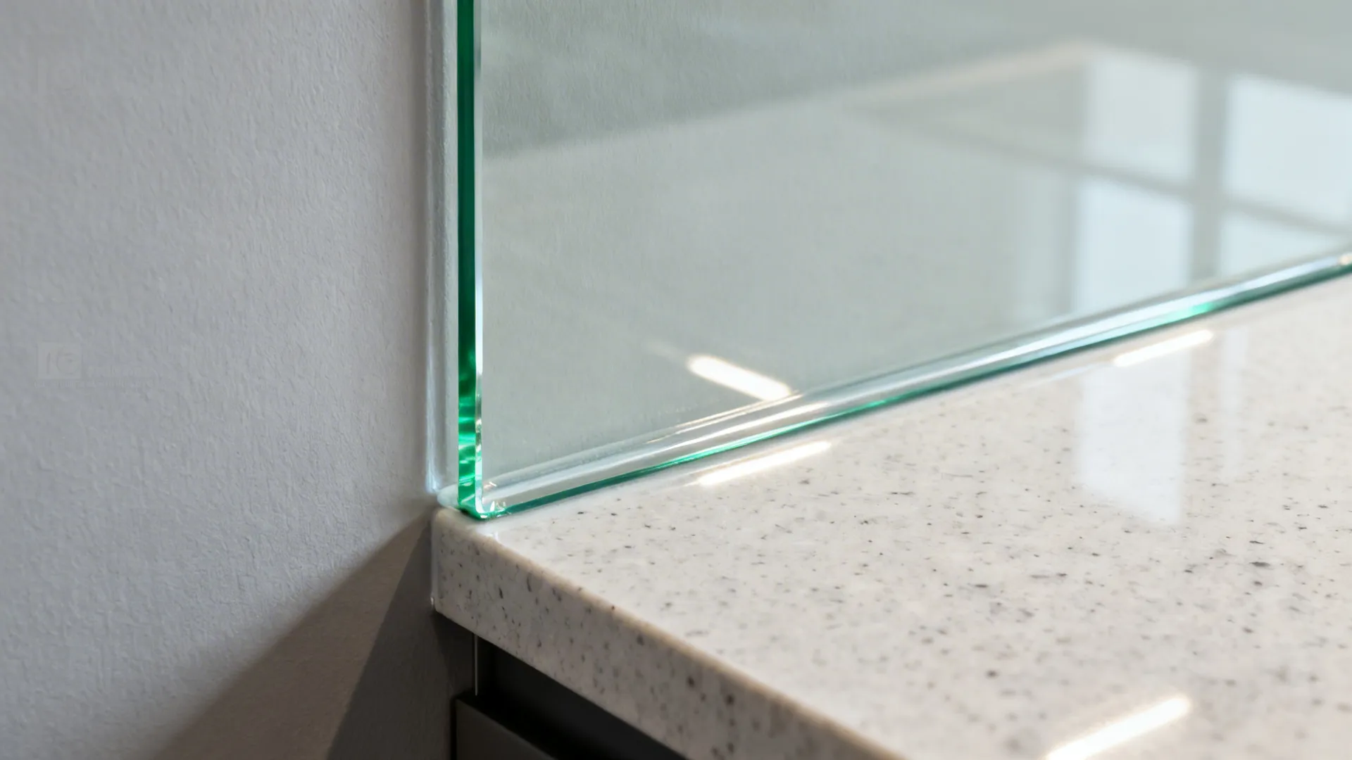 Close up view of a glass panel edge meeting a white stone countertop in kitchen