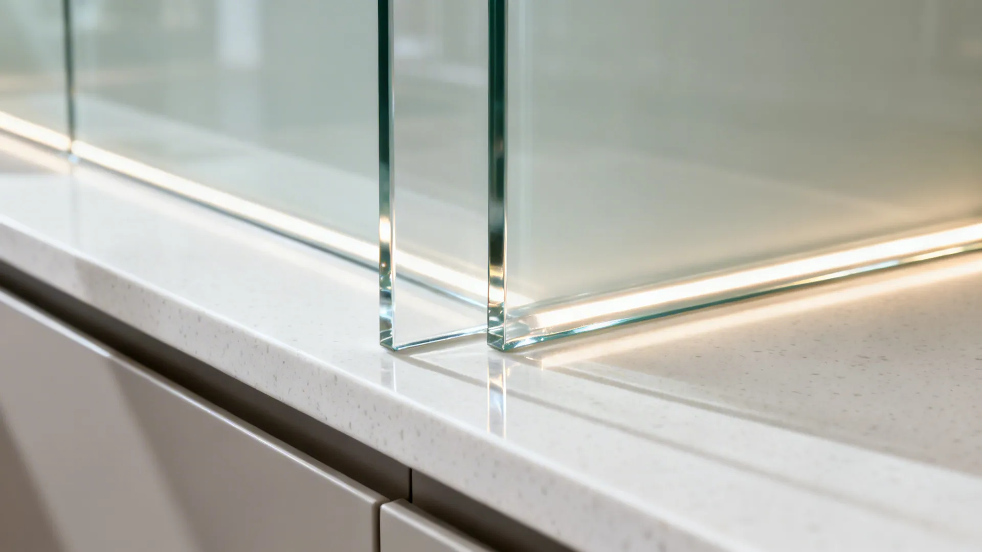 Macro of a low-iron glass backsplash edge aligning cleanly with a white quartz countertop.