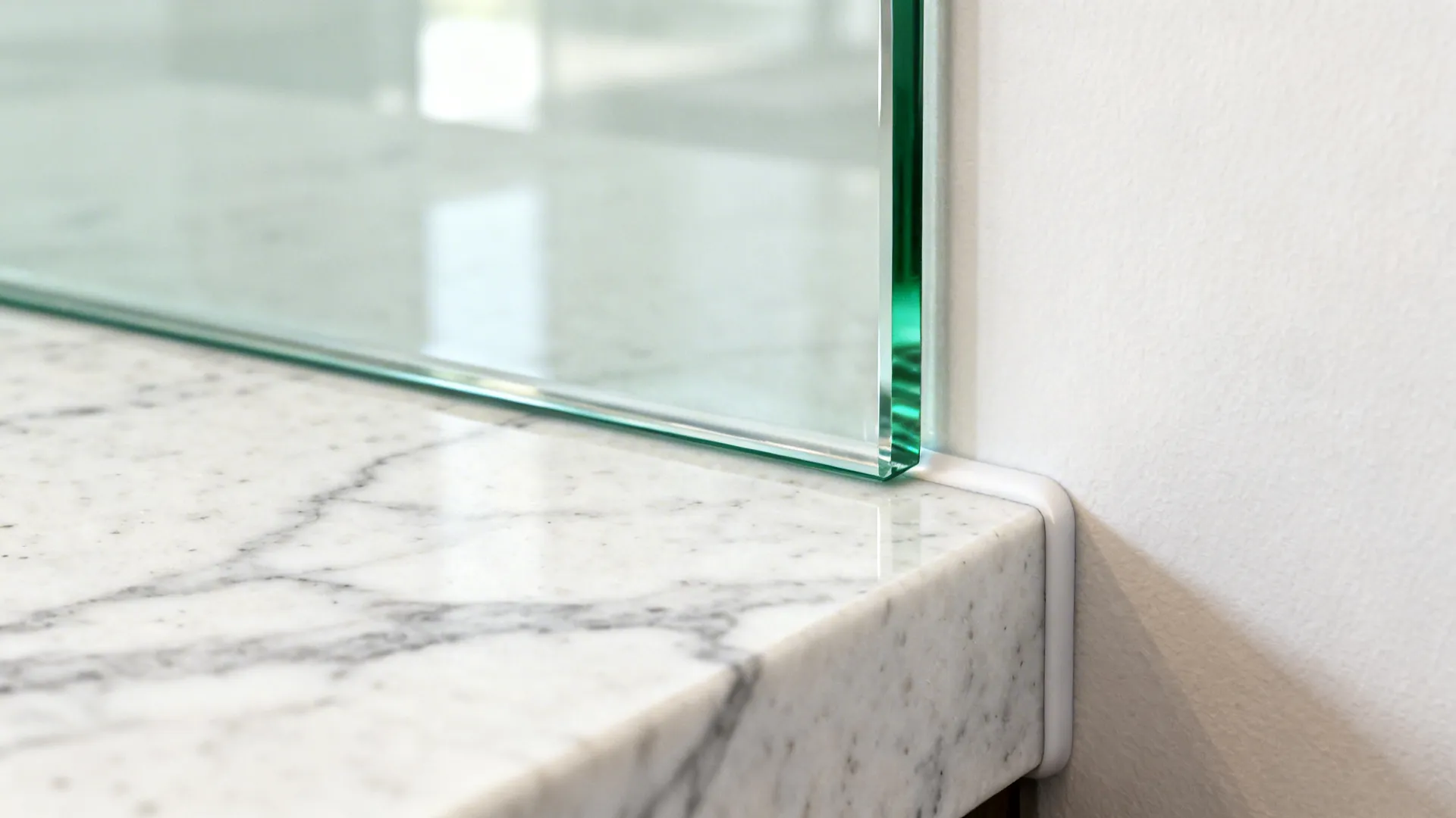 Macro detail of low-iron glass backsplash edge above a quartz countertop.
