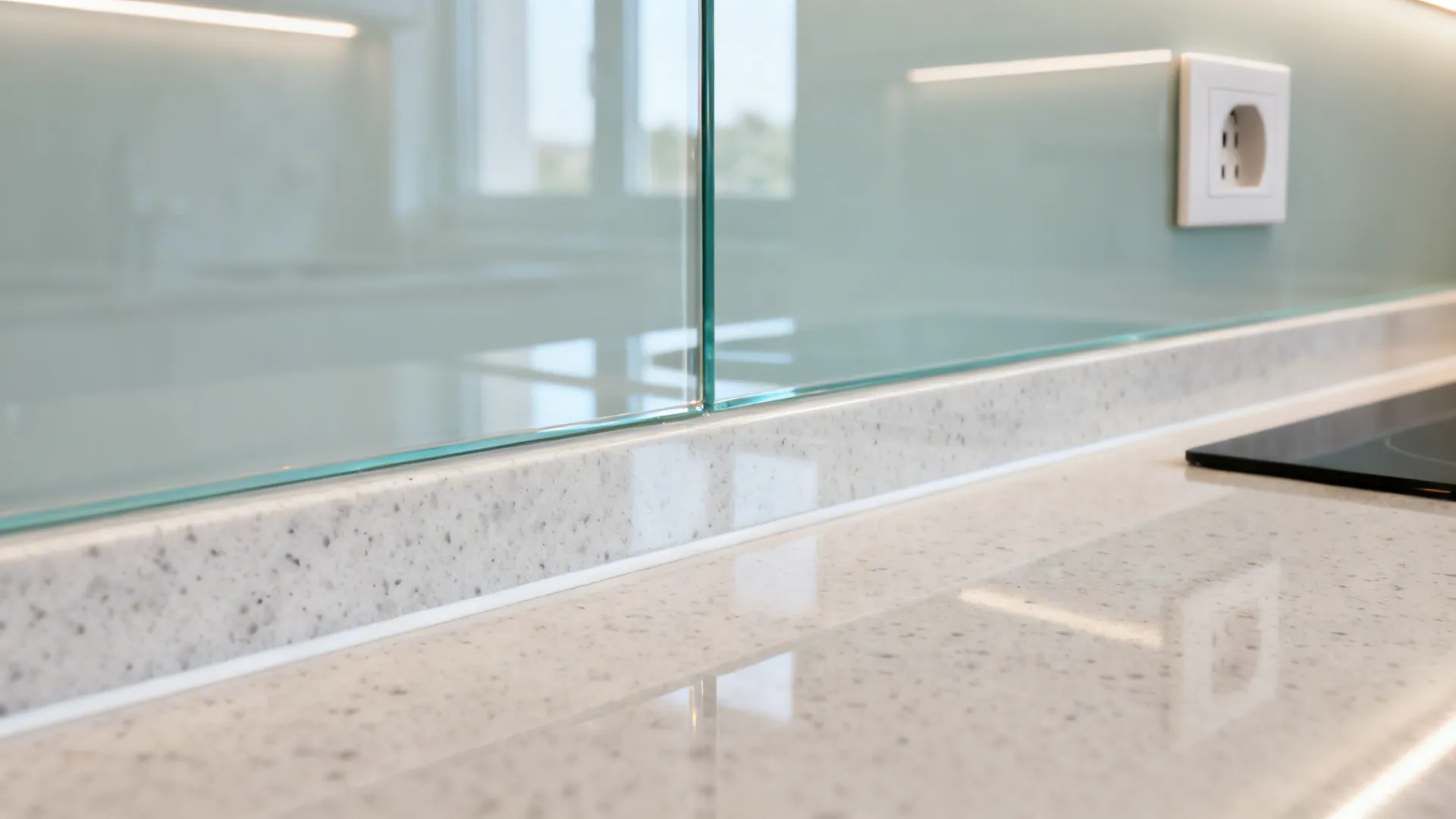 Macro of low-iron glass backsplash edge and precise outlet cutout above quartz.