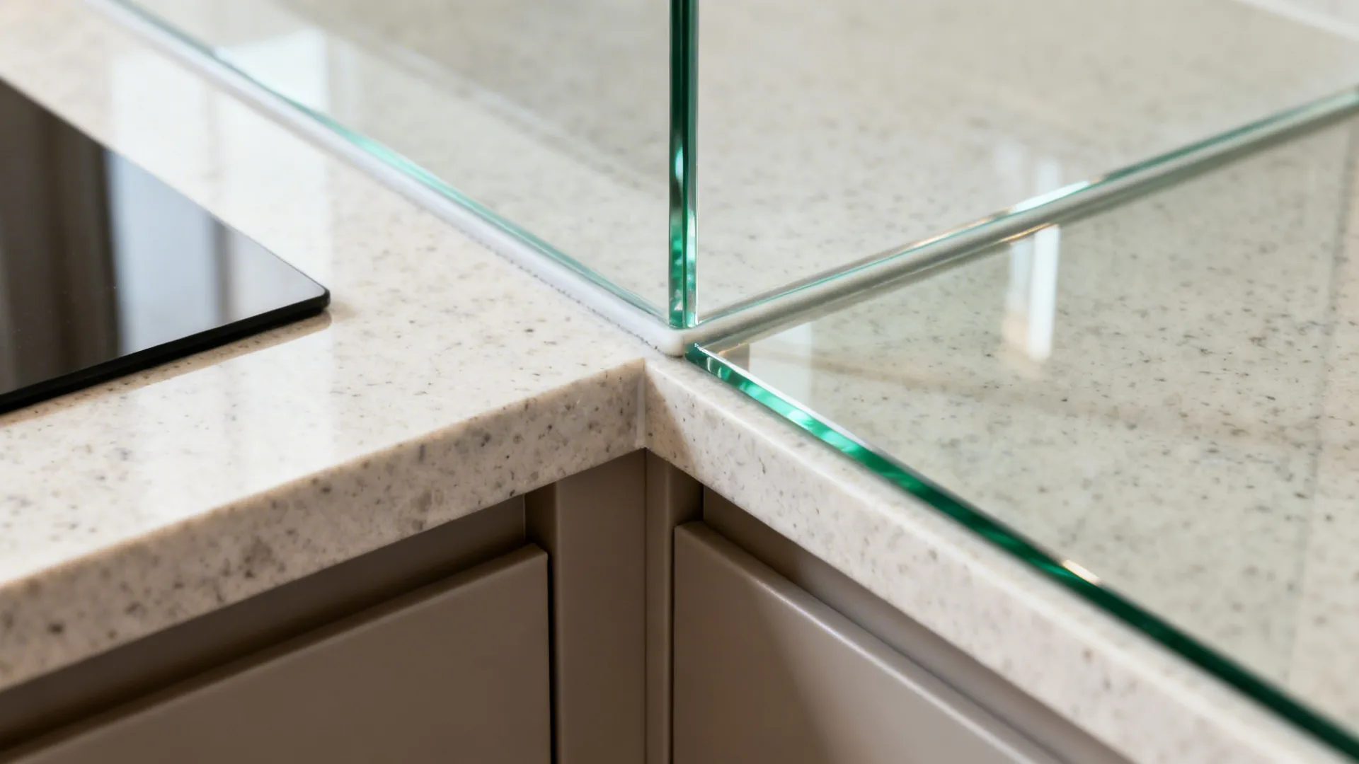 Macro of low-iron glass backsplash edge with quartz countertop and matte cabinet.