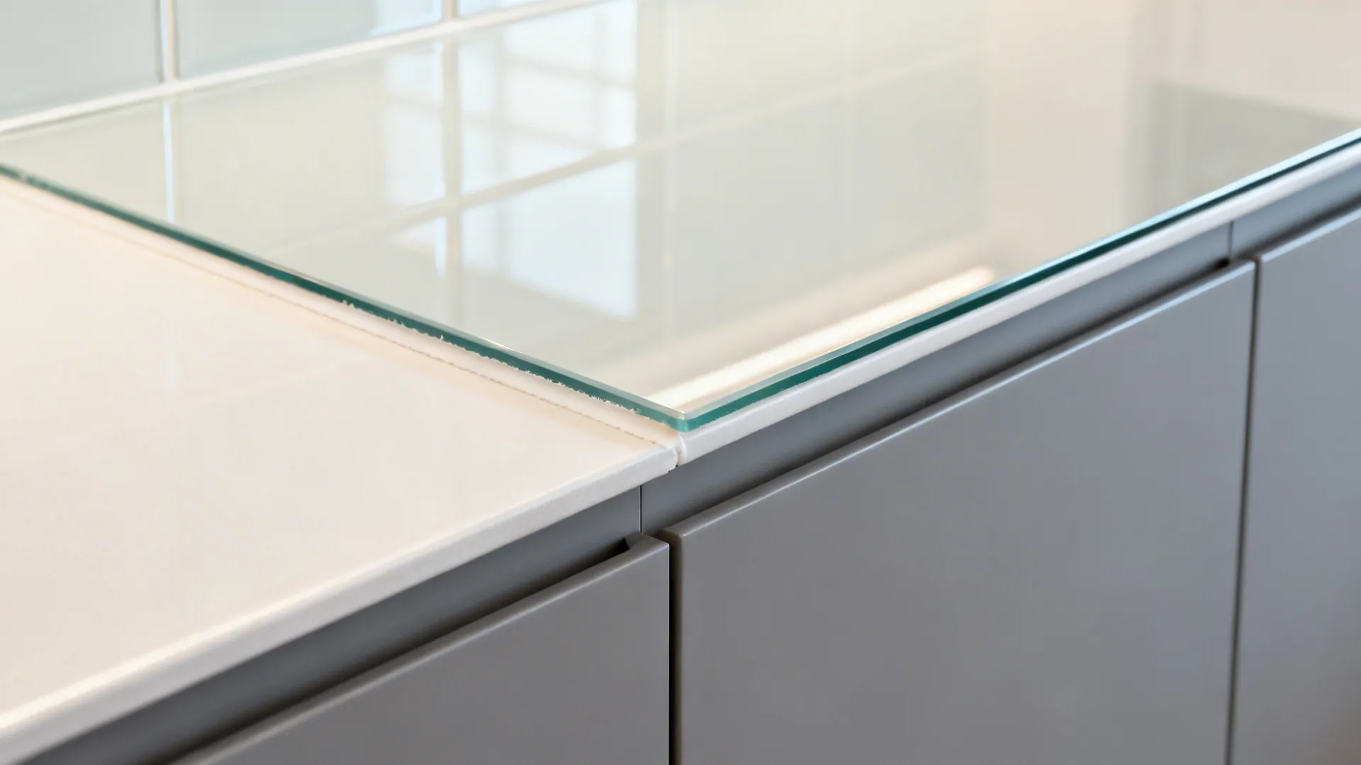 Macro of back-painted glass backsplash edge and seam near a grey cabinet.