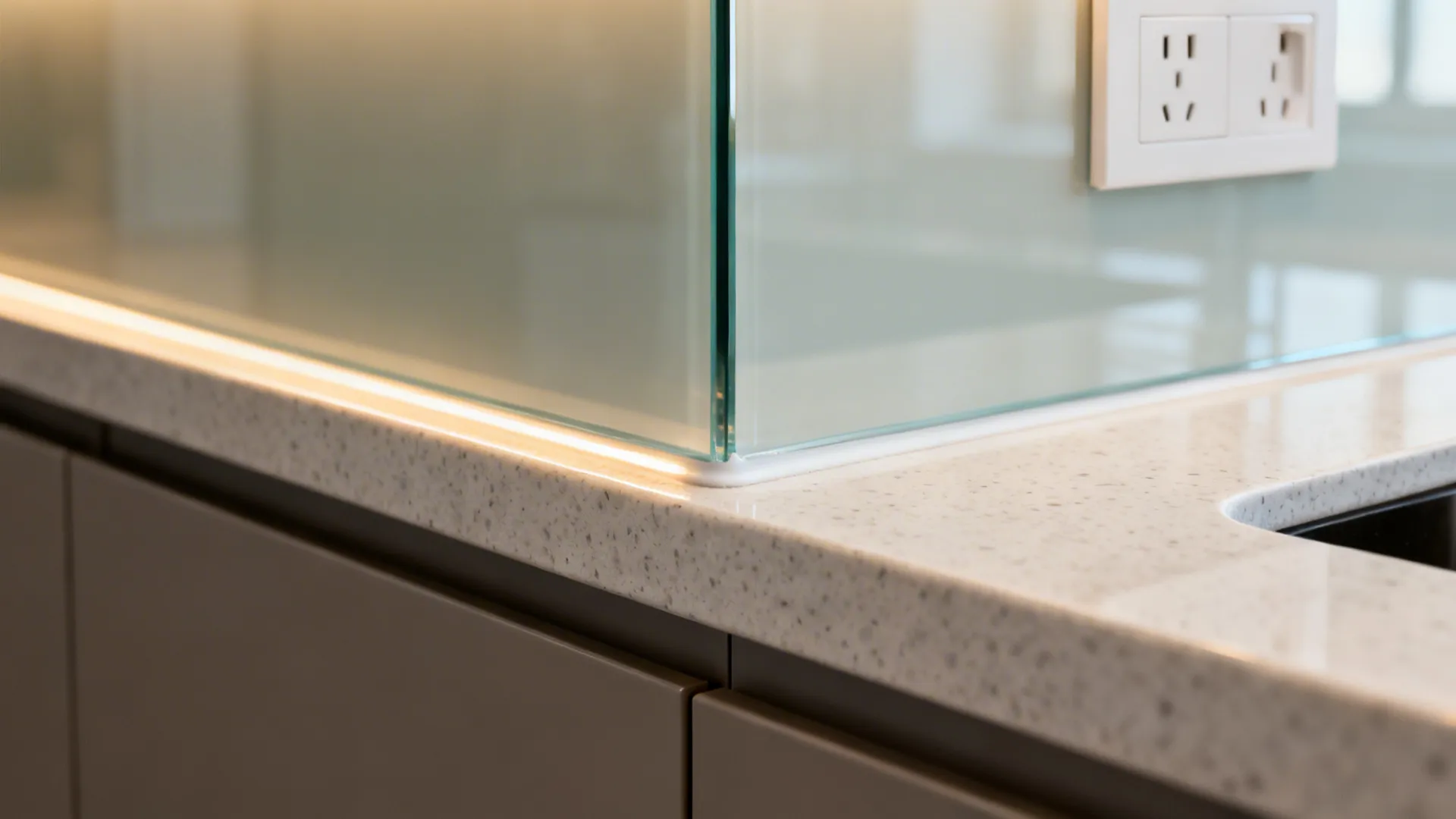 Close-up of glass backsplash edge with precise outlet cutout meeting quartz countertop in soft light.