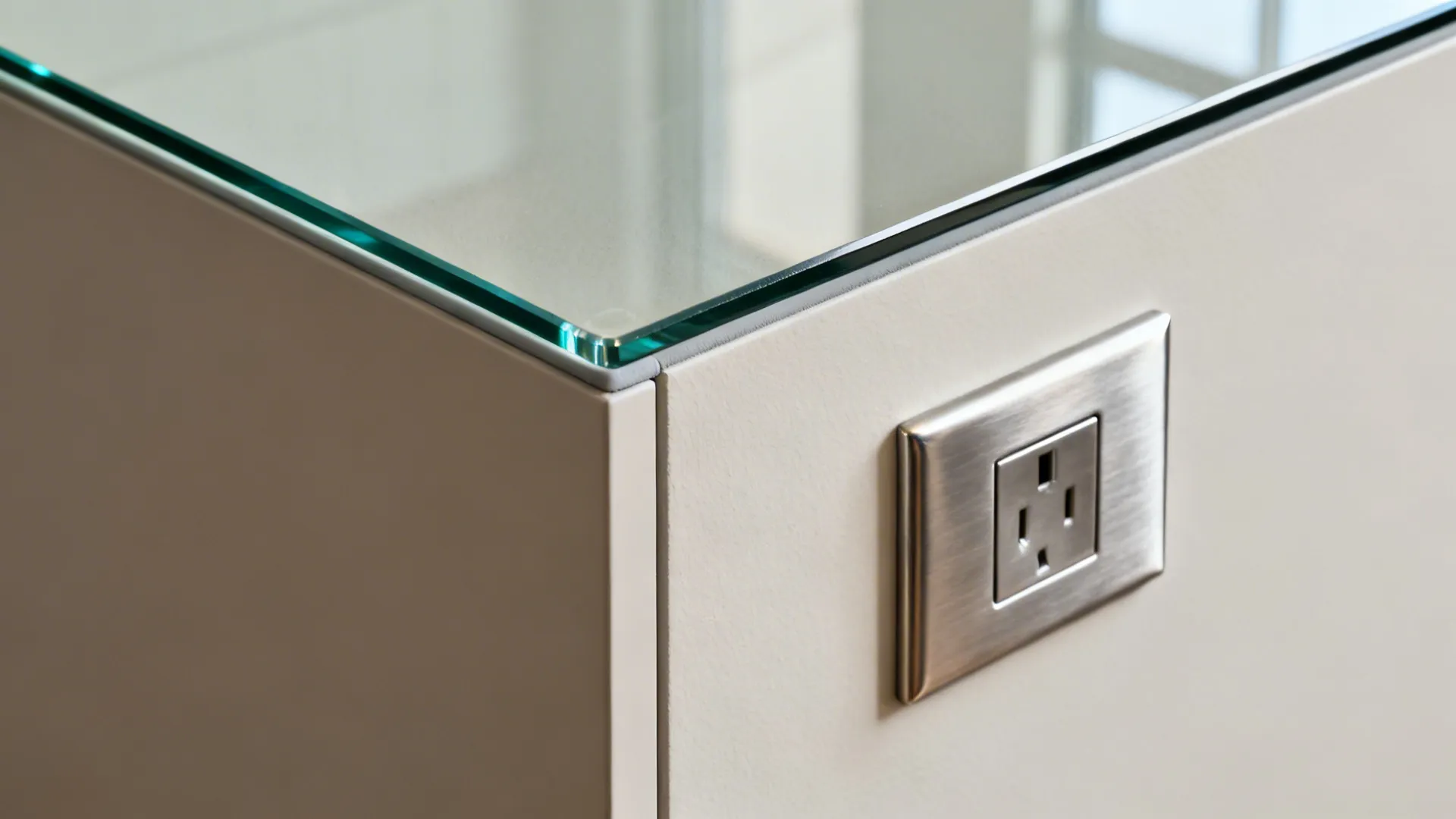 Close up of a white kitchen cabinet featuring a glass top and a silver power outlet