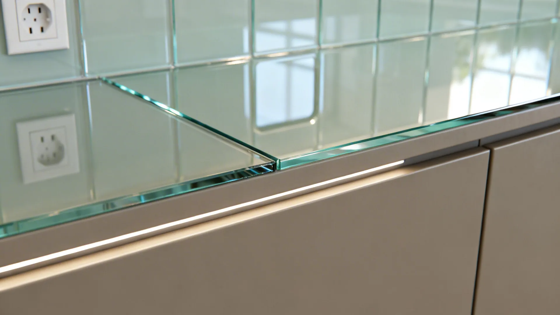 Close-up of a polished low-iron glass backsplash edge with precise outlet cutout.