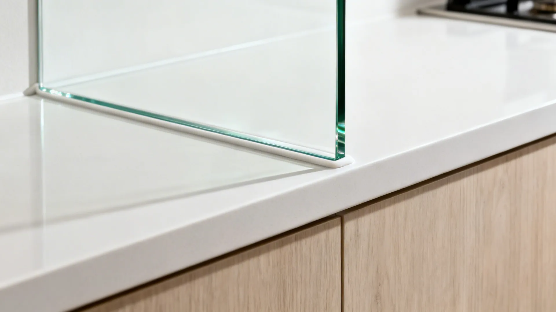Close-up of a low-iron glass backsplash with a neat silicone-sealed edge.