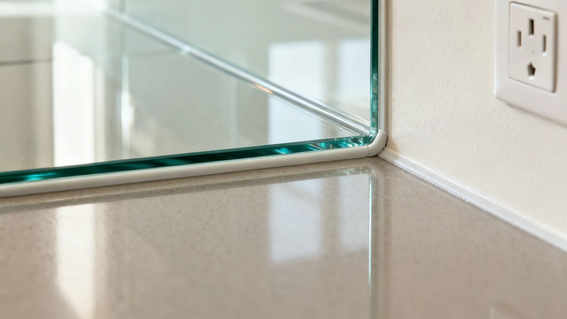 Macro of low-iron glass backsplash with a clean silicone joint and aligned outlet cutout.