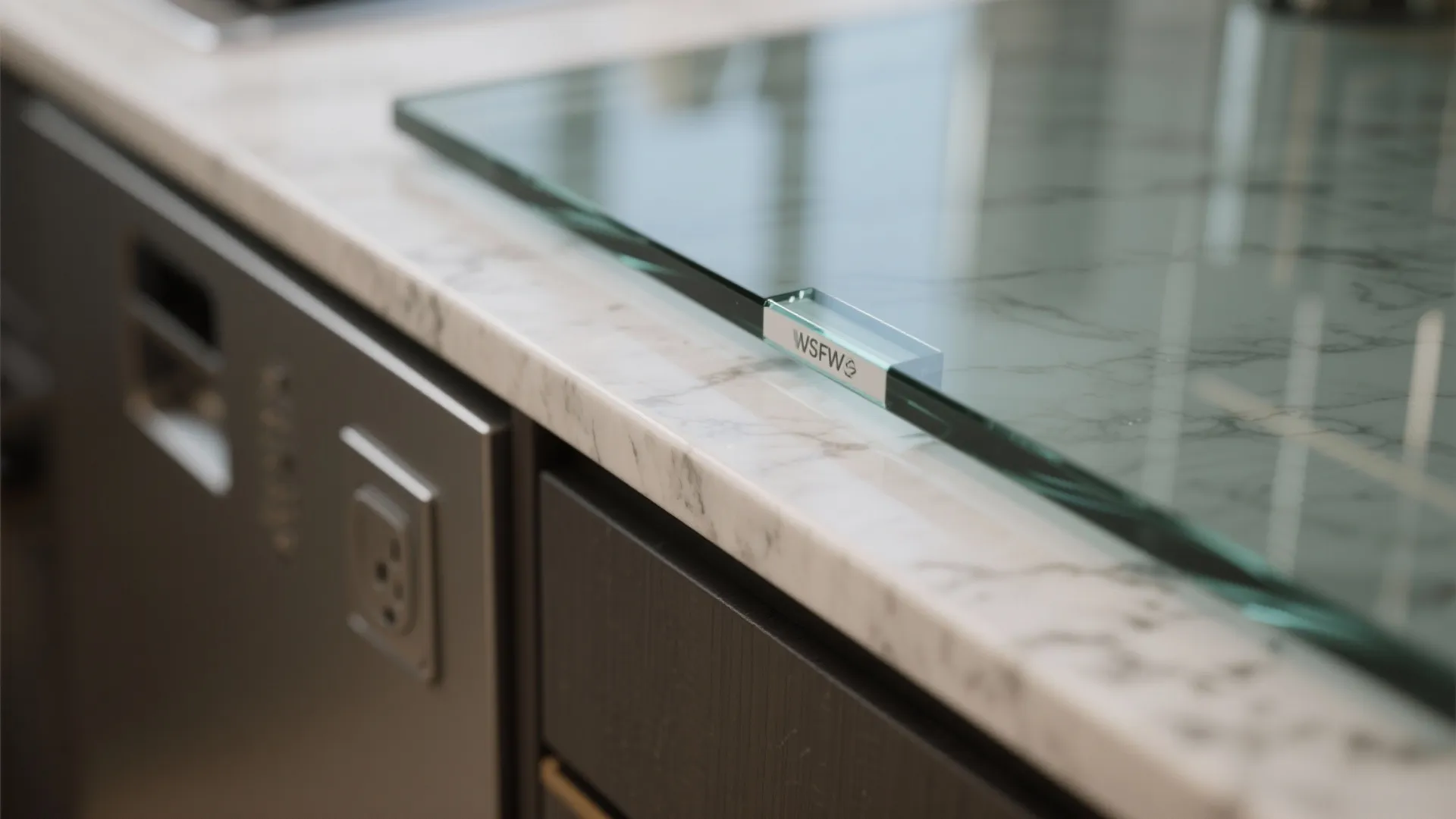 Close up of glass countertop edge on marble surface next to dark cabinets and power outlet