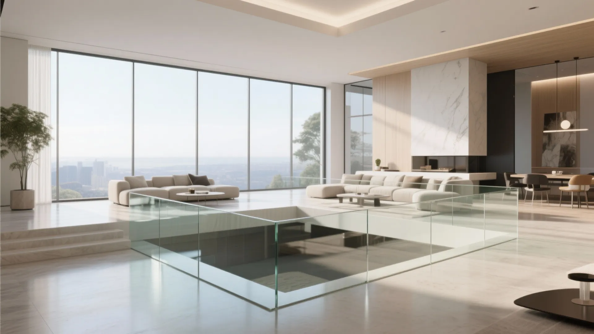 Modern open living room with glass railing sunken area beige sofas and large windows city view