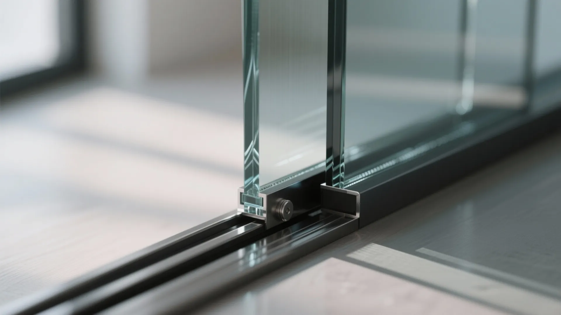 Close up of glass sliding door bottom track with metal rollers and black metal frame detail