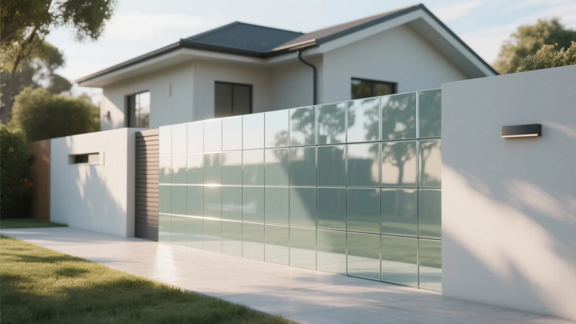 Contemporary house exterior featuring a shiny glass tile wall white fence green grass and sunlight