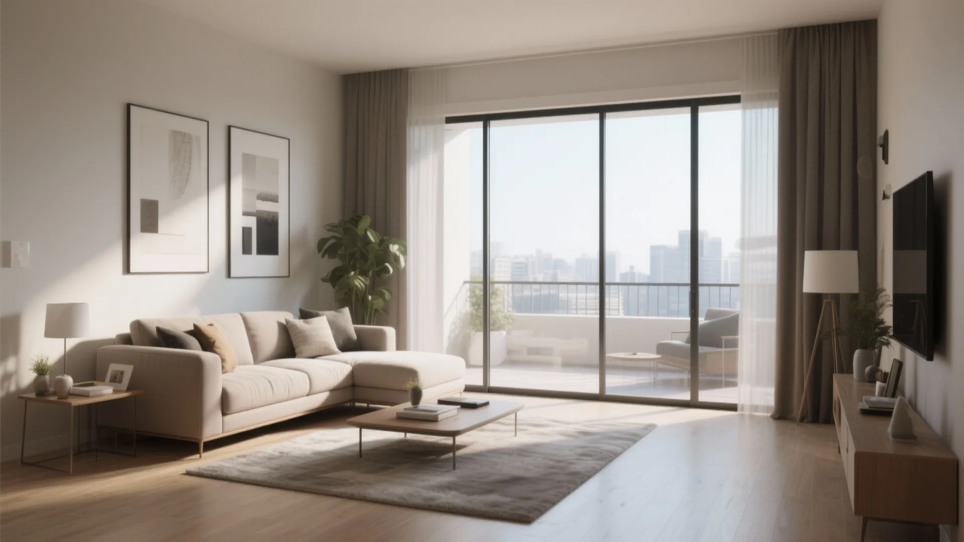 Cozy living room featuring large glass windows white sofa wooden cabinet and view of balcony