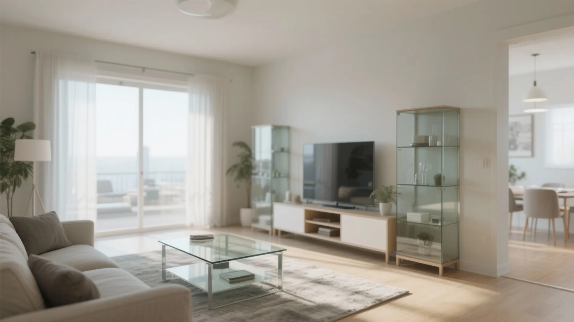 Bright living room with glass coffee table display cabinet grey sofa and large balcony window