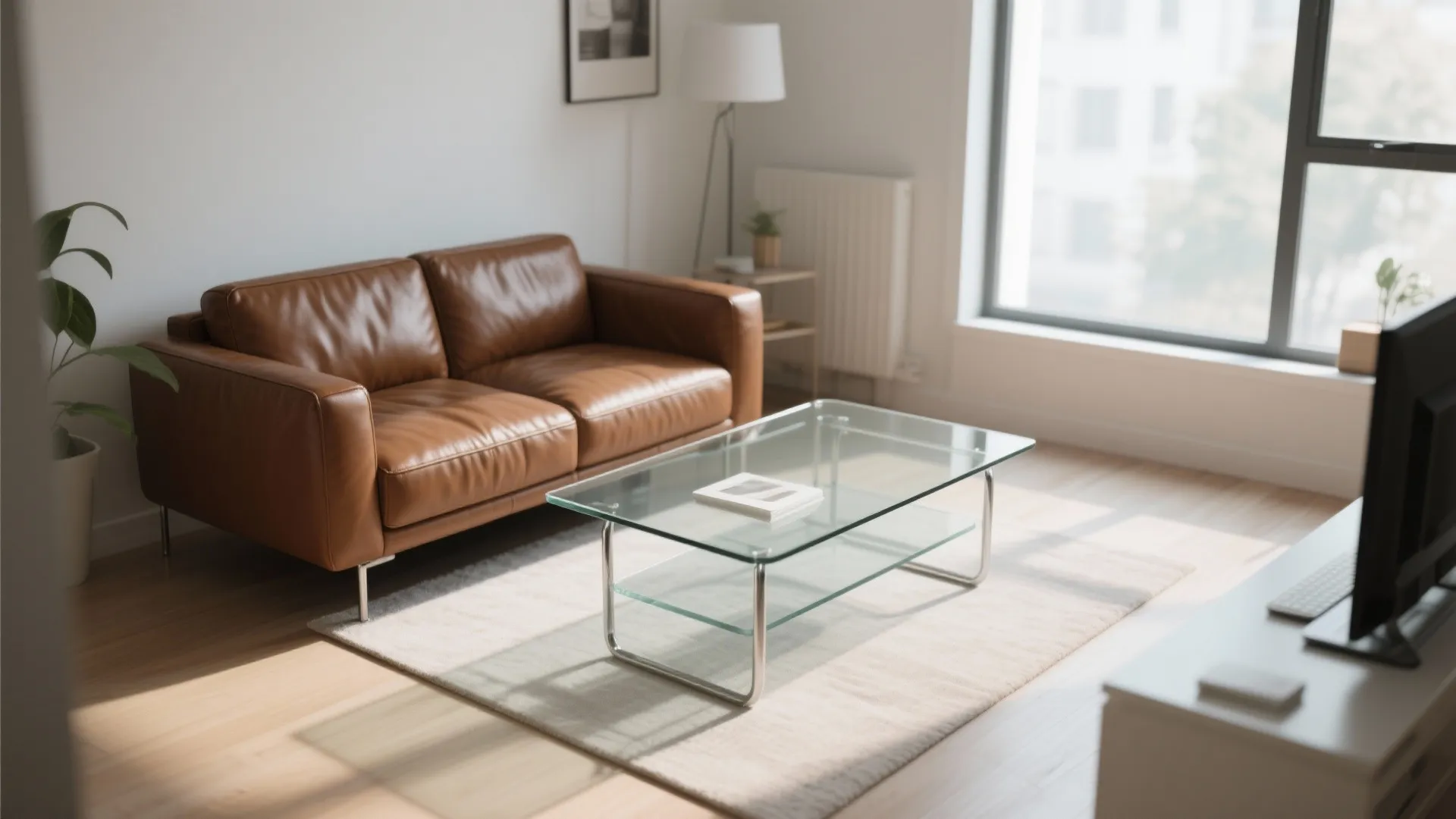 Brown leather couch with a glass coffee table creating a spacious feel