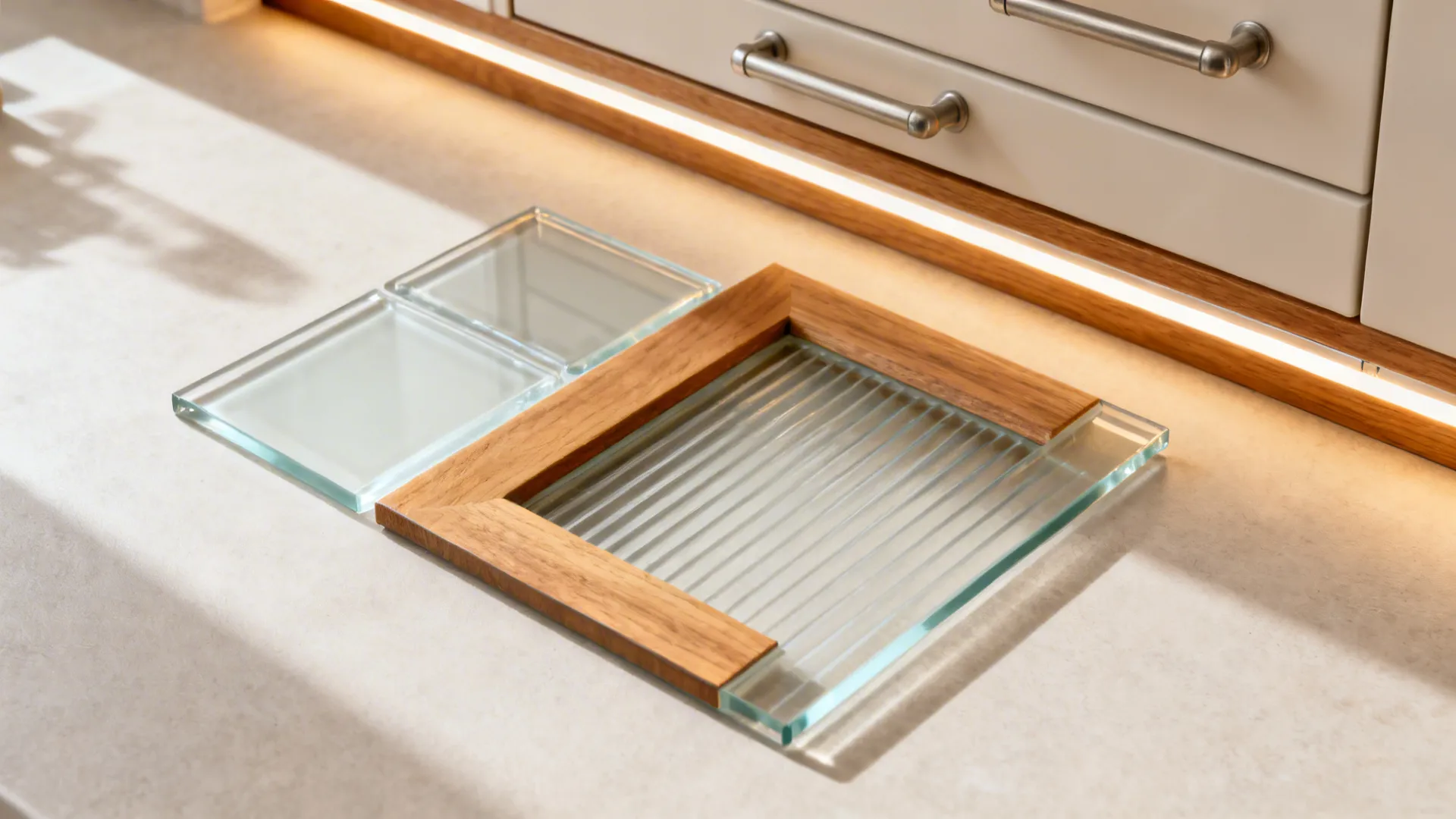 Flat lay of low-iron and reeded glass with oak trim, pale cabinet chip, and warm LED for a bright kitchen.