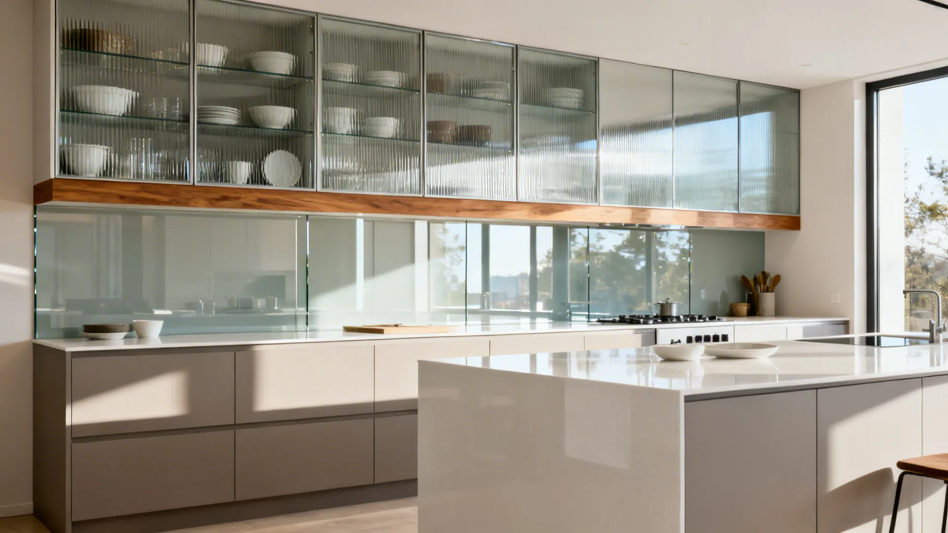 Modern kitchen with reeded-glass uppers and a glossy glass backsplash reflecting light to expand the space.